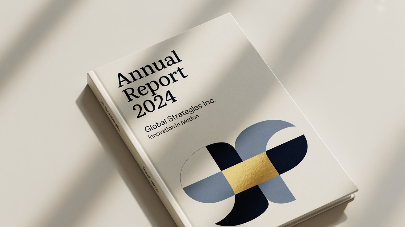 A professional annual report cover for 'Global Strategies Inc.' dated 2024, designed with navy, gray, and gold geometric shapes, presented as a physical book mockup on a white background.