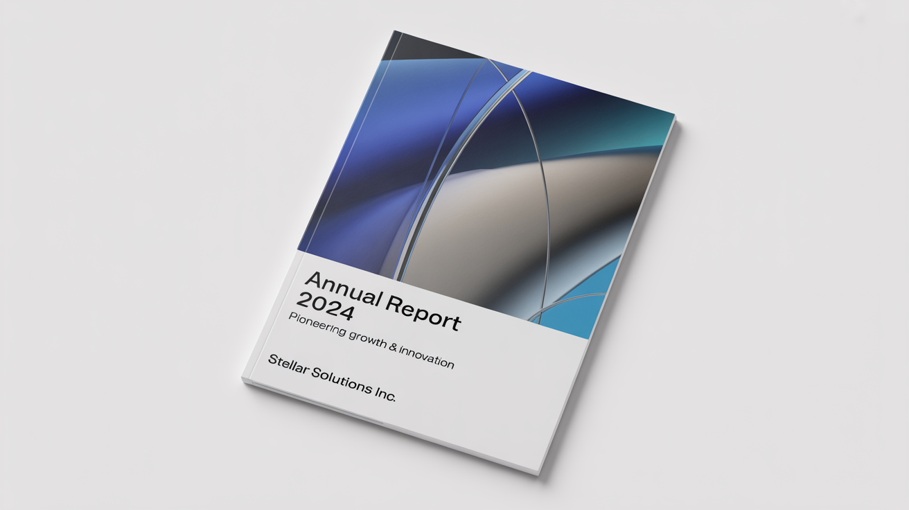 A mockup of a modern annual report cover titled 'Annual Report 2024' for 'Stellar Solutions Inc.', featuring an abstract design with blue and silver geometric shapes against a white background.