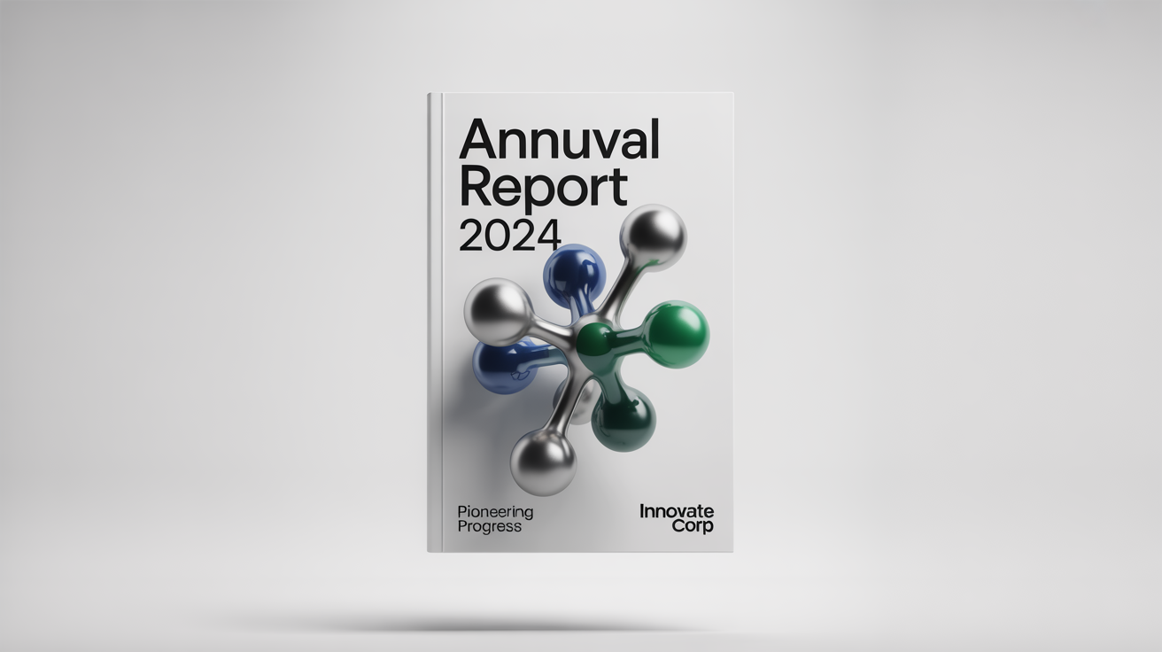 A mockup of a modern annual report cover for 'Innovate Corp' with the title 'Annual Report 2024' and an abstract blue and green graphic, on a white background.