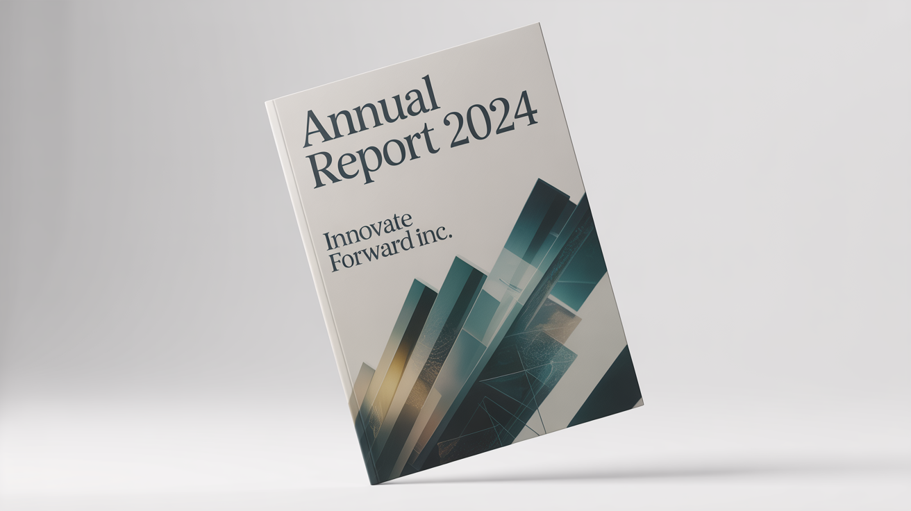 A professional mockup of an annual report cover for 'Innovate Forward Inc.' with the title 'Annual Report 2024', featuring a modern geometric design in teal and gold, displayed against a white background.