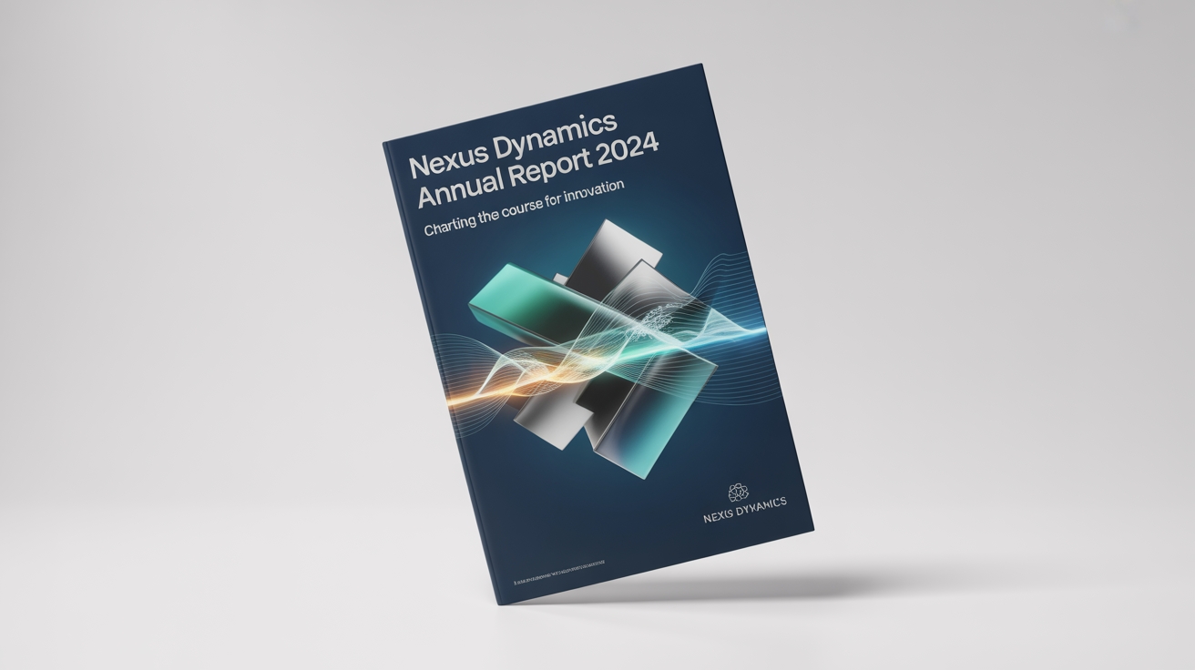A mockup of a professional annual report cover for 'Nexus Dynamics Annual Report 2024', featuring a modern design with abstract blue and silver data graphics on a clean white background.