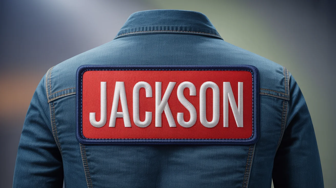 A close-up hero image of a rectangular embroidered name patch sewn onto a denim jacket. The patch is red with a navy border and displays the name 'JACKSON' in white stitching.