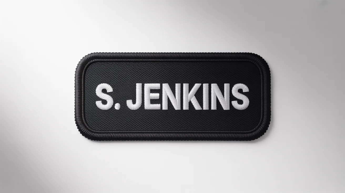 A product photo of a rectangular black embroidered name patch with the name "S. JENKINS" stitched in white, displayed on a clean white background.
