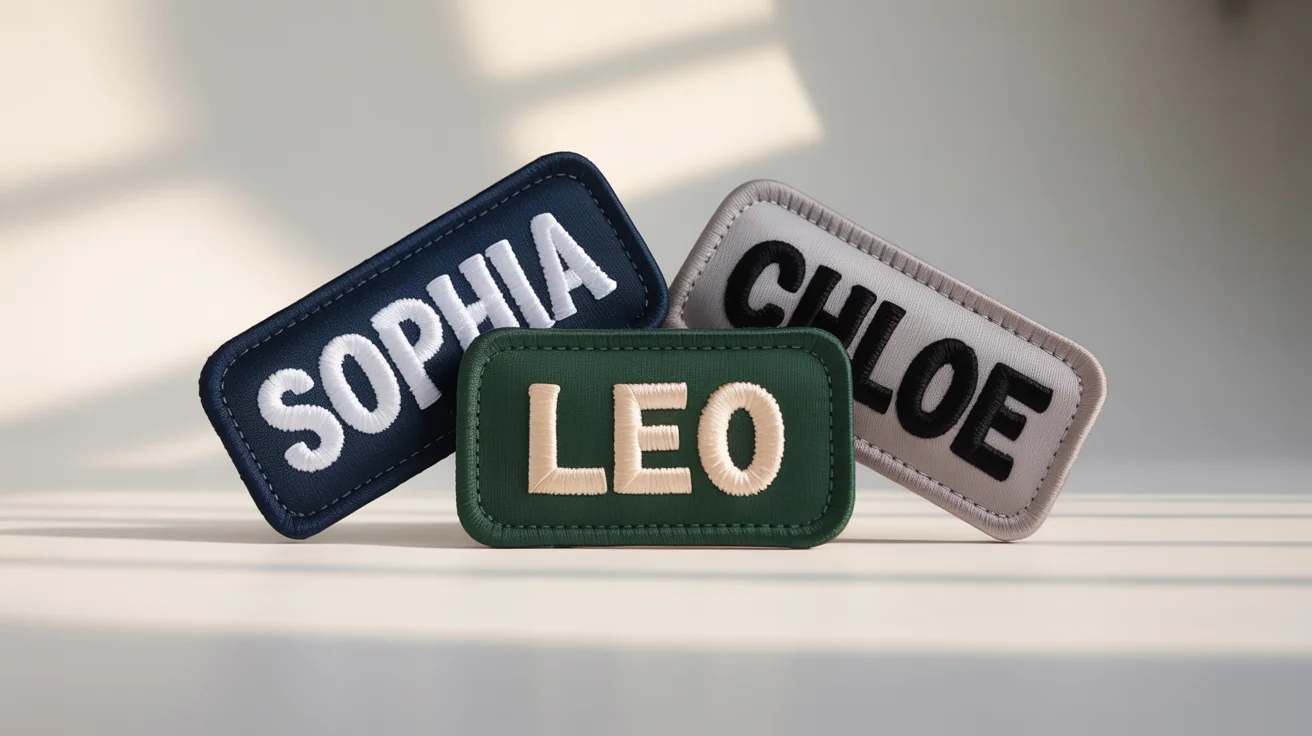 A professional product mockup showing three embroidered name patches on a white background, featuring the names 'Sophia', 'Leo', and 'Chloe' in different color combinations.