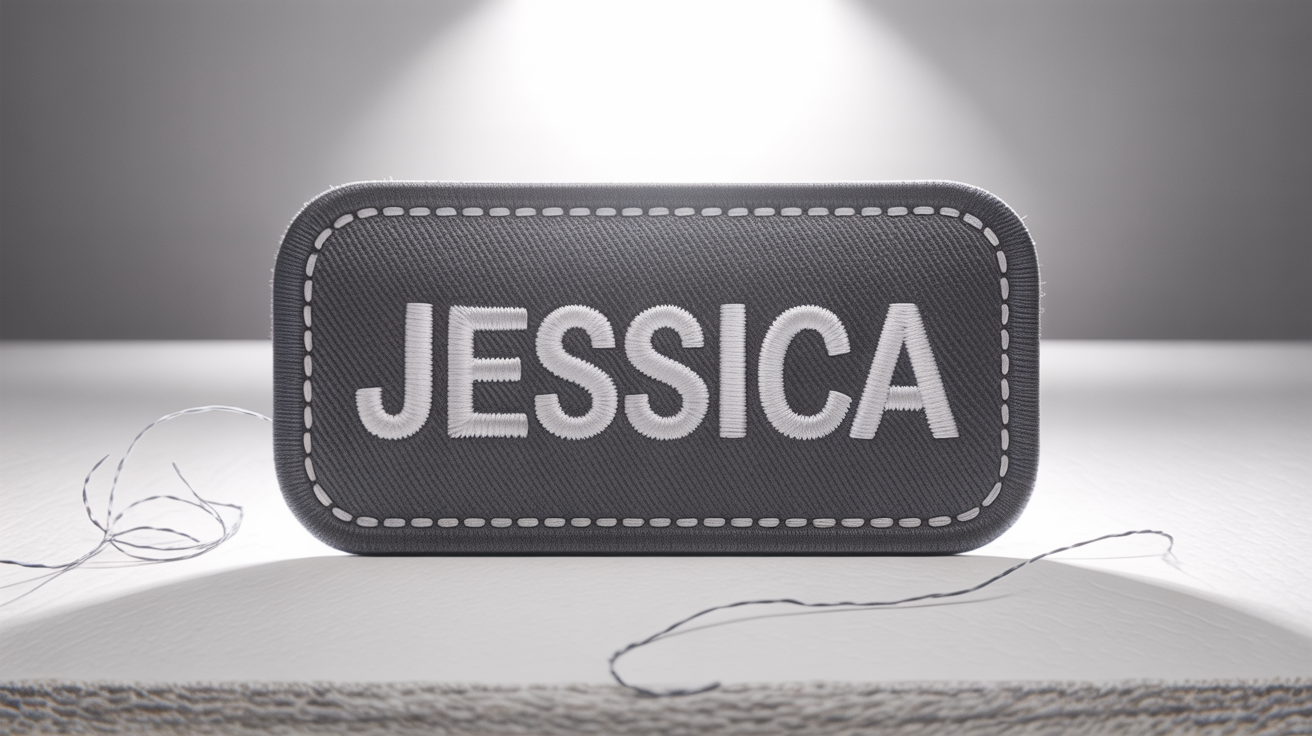 A photorealistic mockup of a rectangular, dark gray embroidered name patch with the name 'JESSICA' stitched in bold white thread, set against a plain white background.