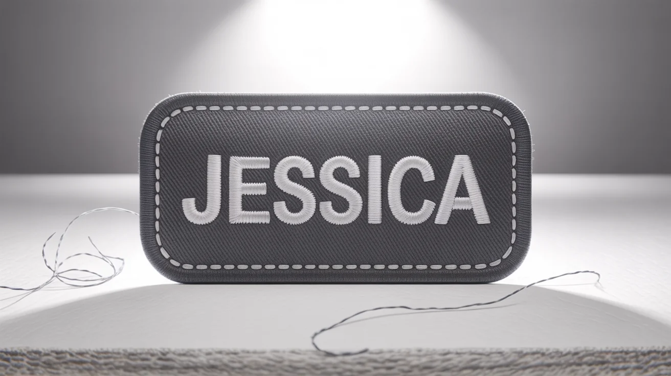 A photorealistic mockup of a rectangular, dark gray embroidered name patch with the name 'JESSICA' stitched in bold white thread, set against a plain white background.