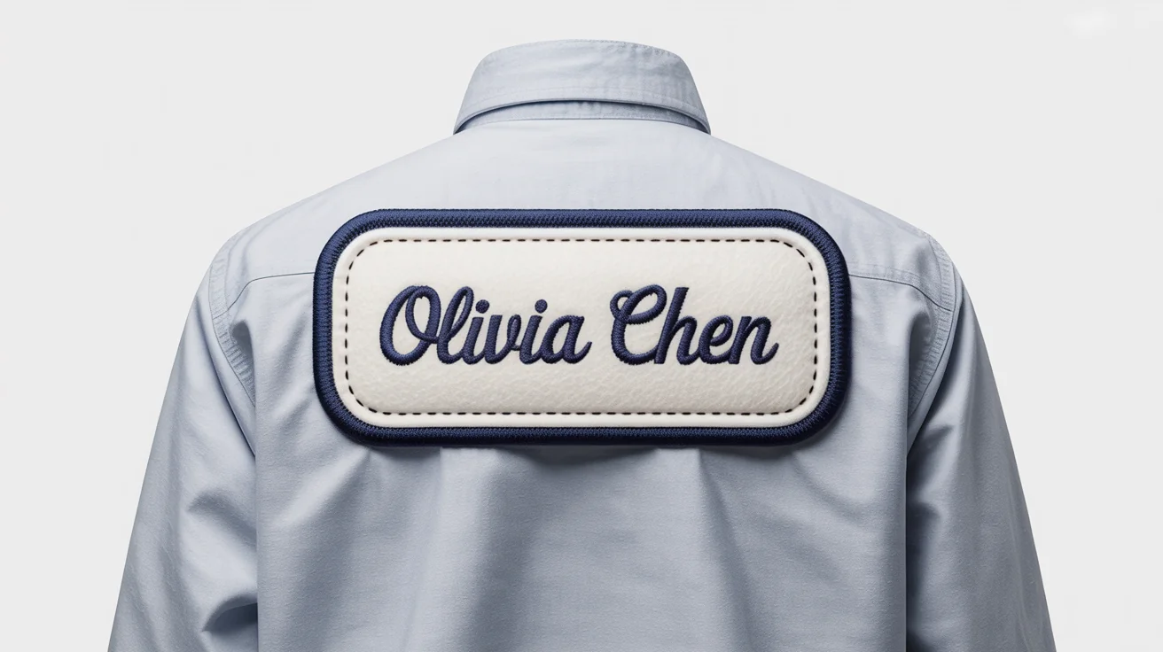 A close-up of a rectangular, embroidered name patch with the name 'Olivia Chen' in navy blue script, sewn onto a light-gray shirt against a clean white background.