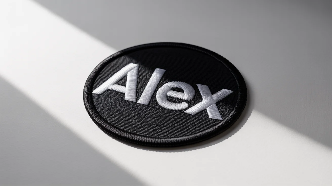 A high-quality photo of a circular black name patch with the name 'ALEX' embroidered in silver thread, shown on a clean white background.