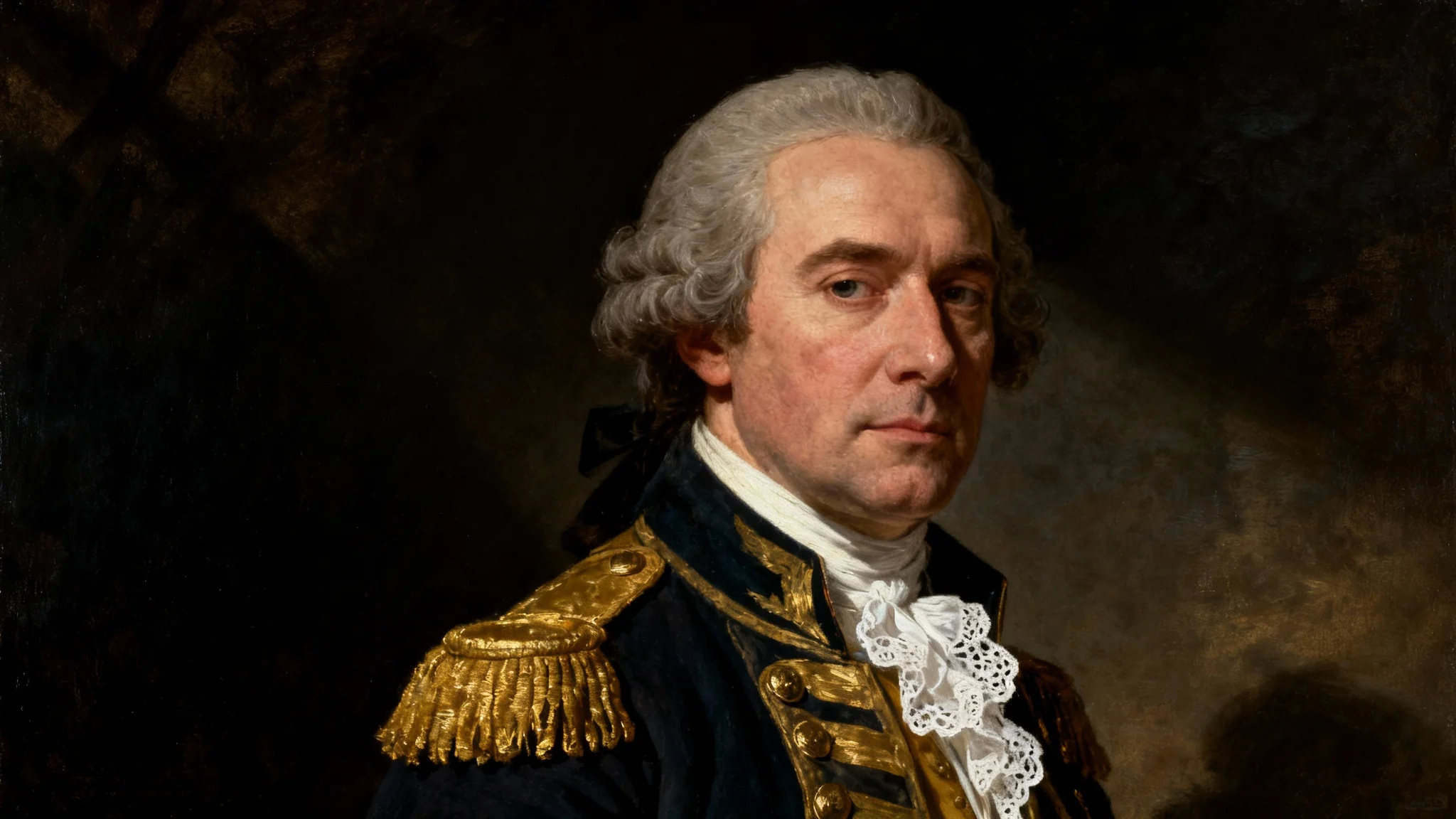 An eye-catching, 18th-century colonial-style oil portrait of a general in a formal military uniform, set against a dark background with dramatic lighting.