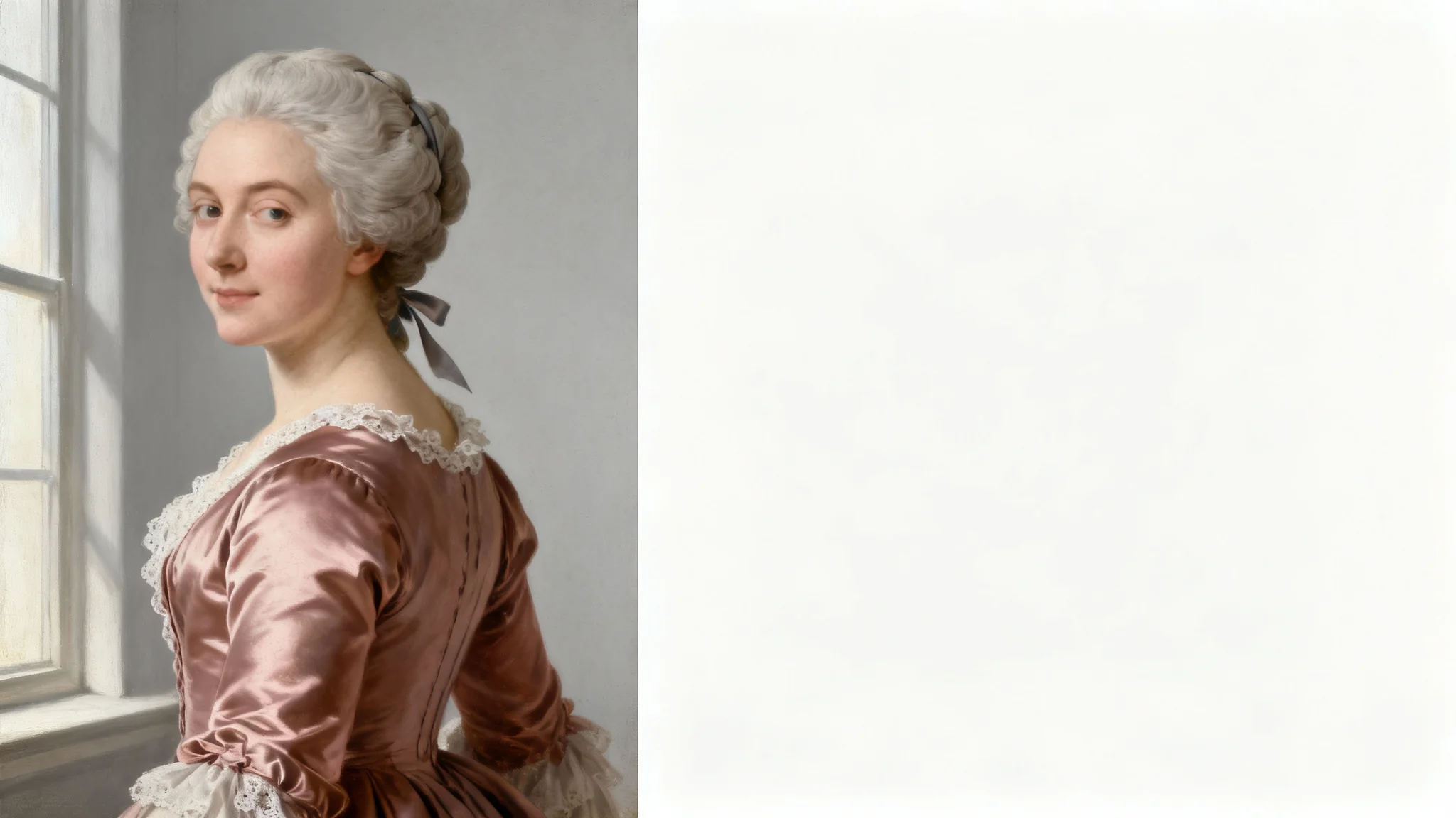 A colonial-style oil portrait of an elegant woman in a dusty rose silk gown and powdered hair, set against a plain, light-gray background.