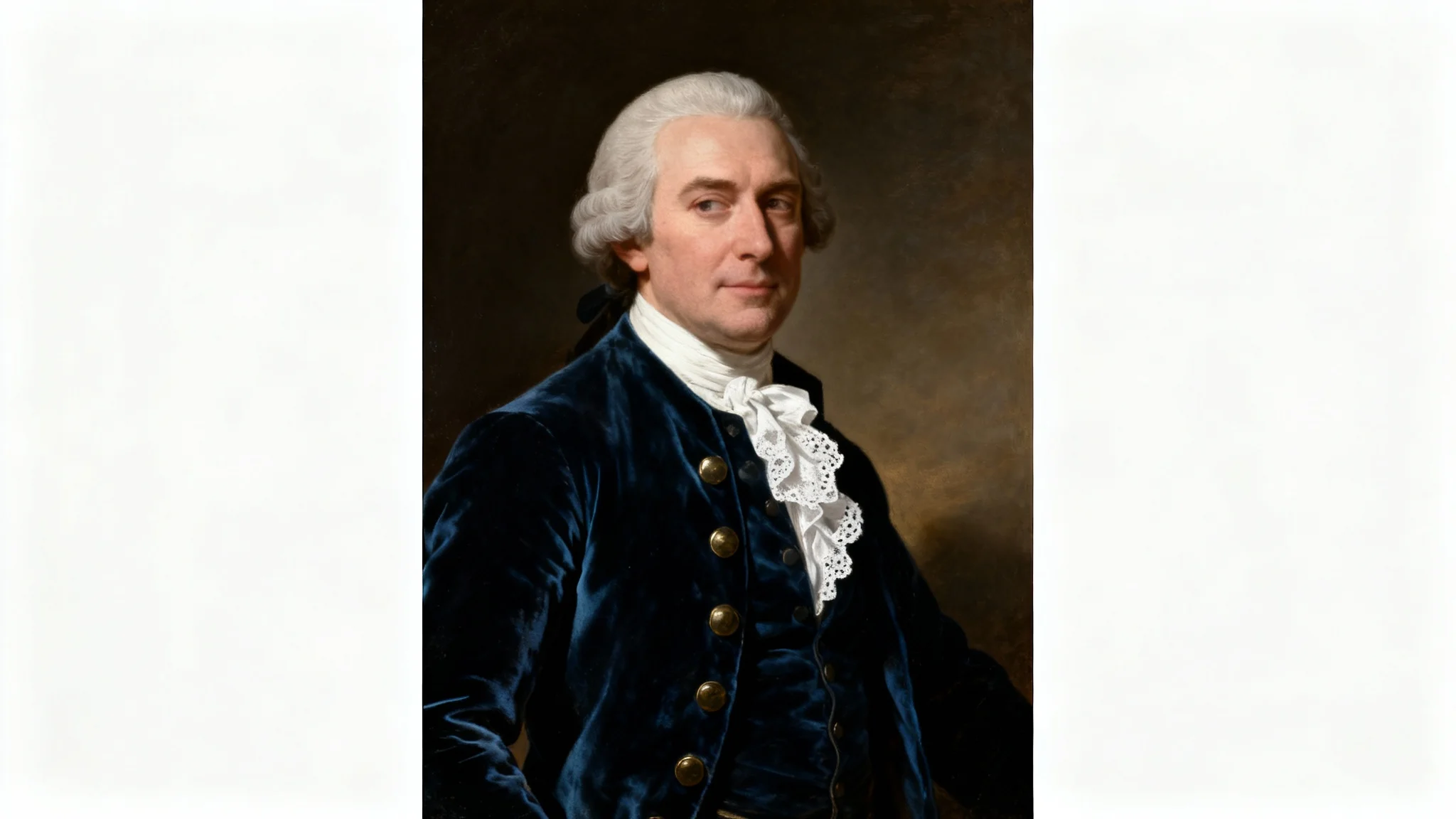 A colonial-style oil painting portrait of a gentleman in a blue velvet coat and white lace jabot, presented as a mockup on a plain white background.