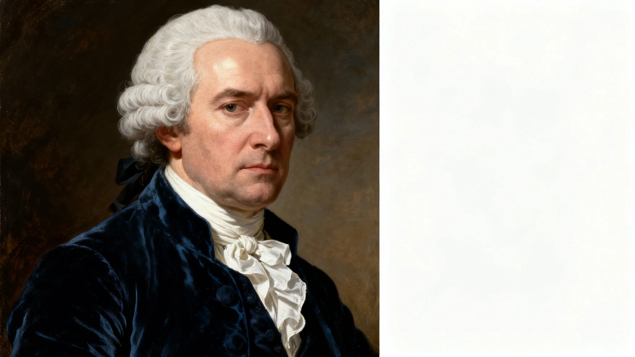 A colonial-style portrait mockup of a serious-looking man in a powdered wig and a navy velvet coat, set against a plain white background.