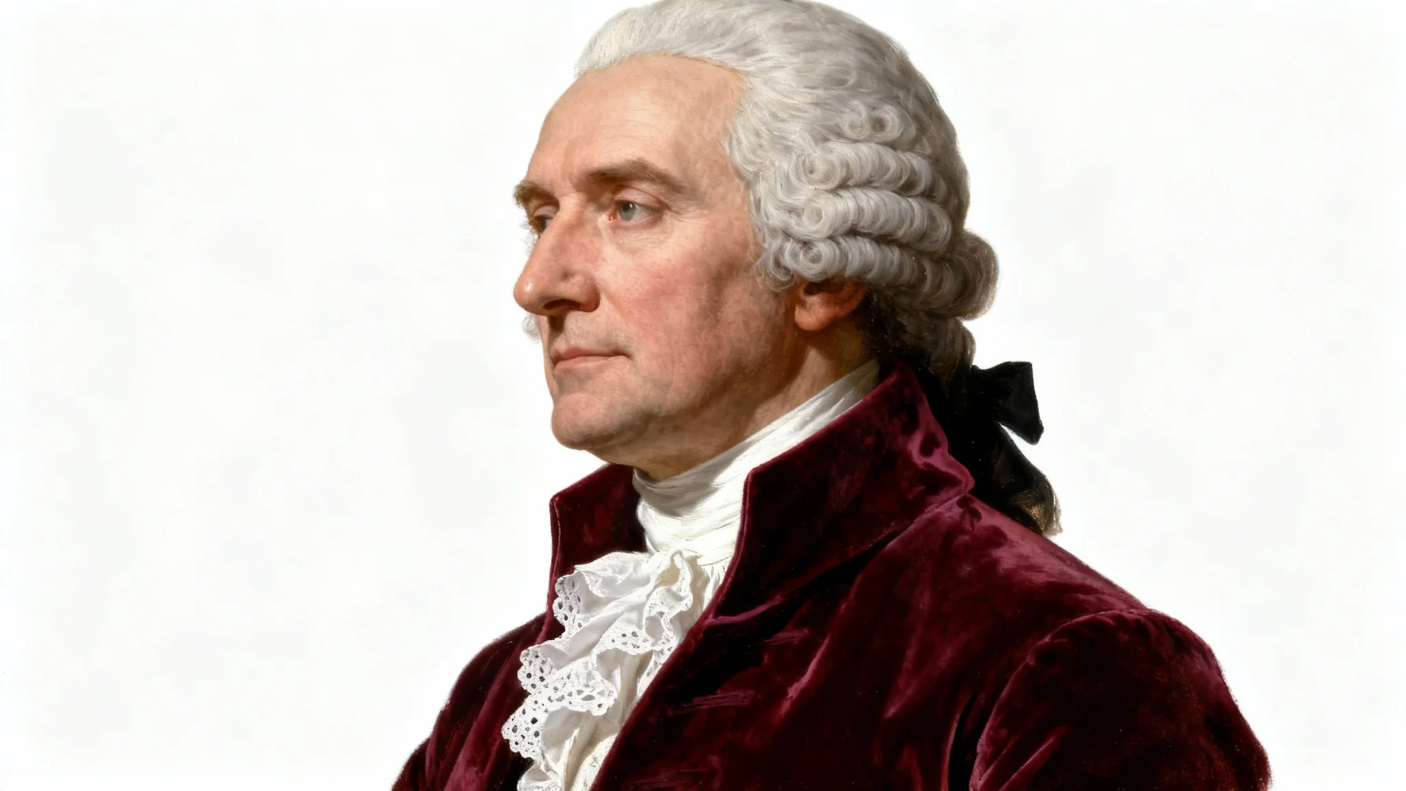 A realistic oil painting mockup of a colonial-era gentleman with a powdered wig and a red velvet coat, depicted in a formal portrait style against a white background.
