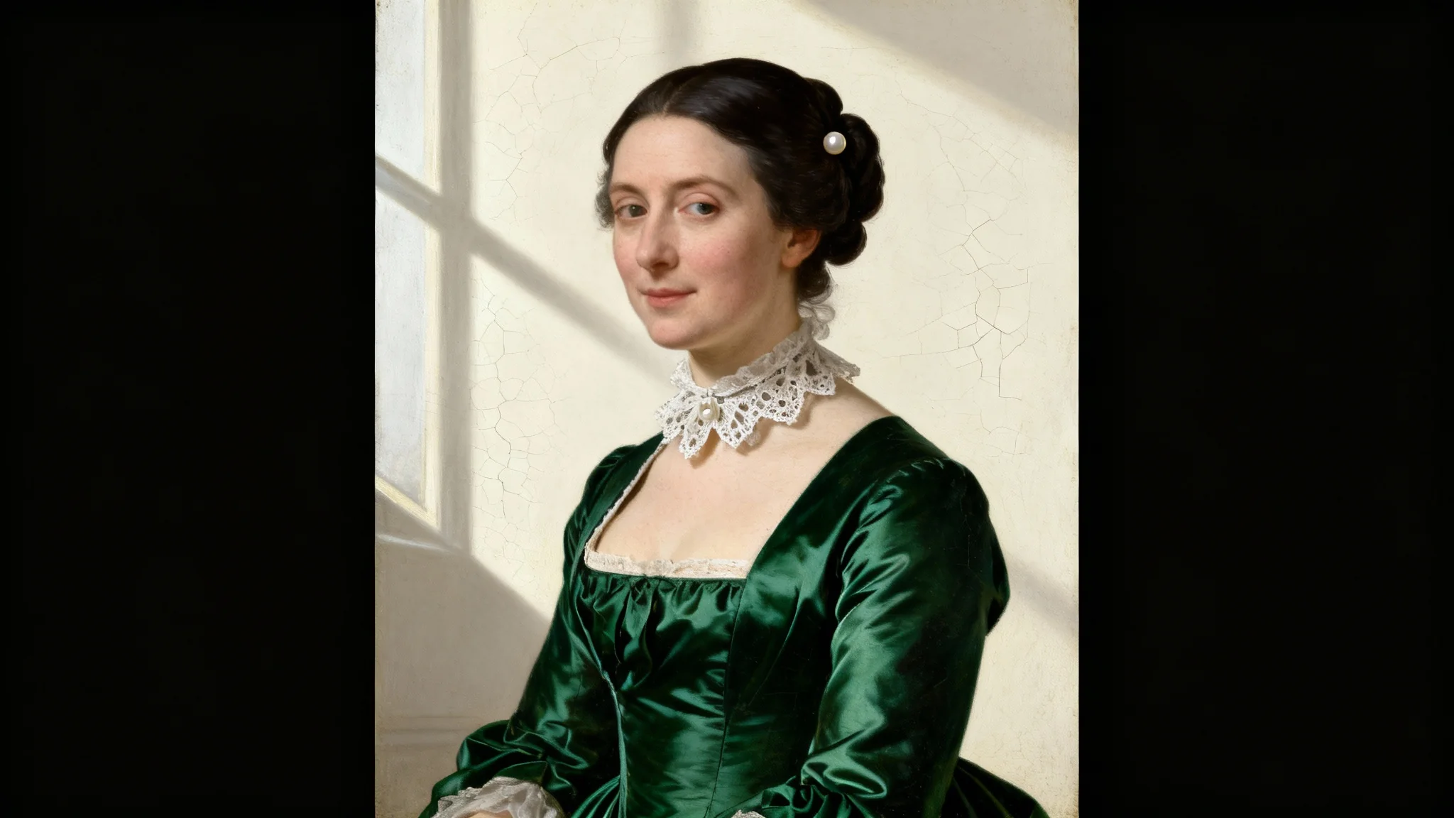 A colonial-style oil portrait of a woman in an elegant green silk gown and lace fichu, her hair styled in a formal updo. The mockup is shown against a plain white background.