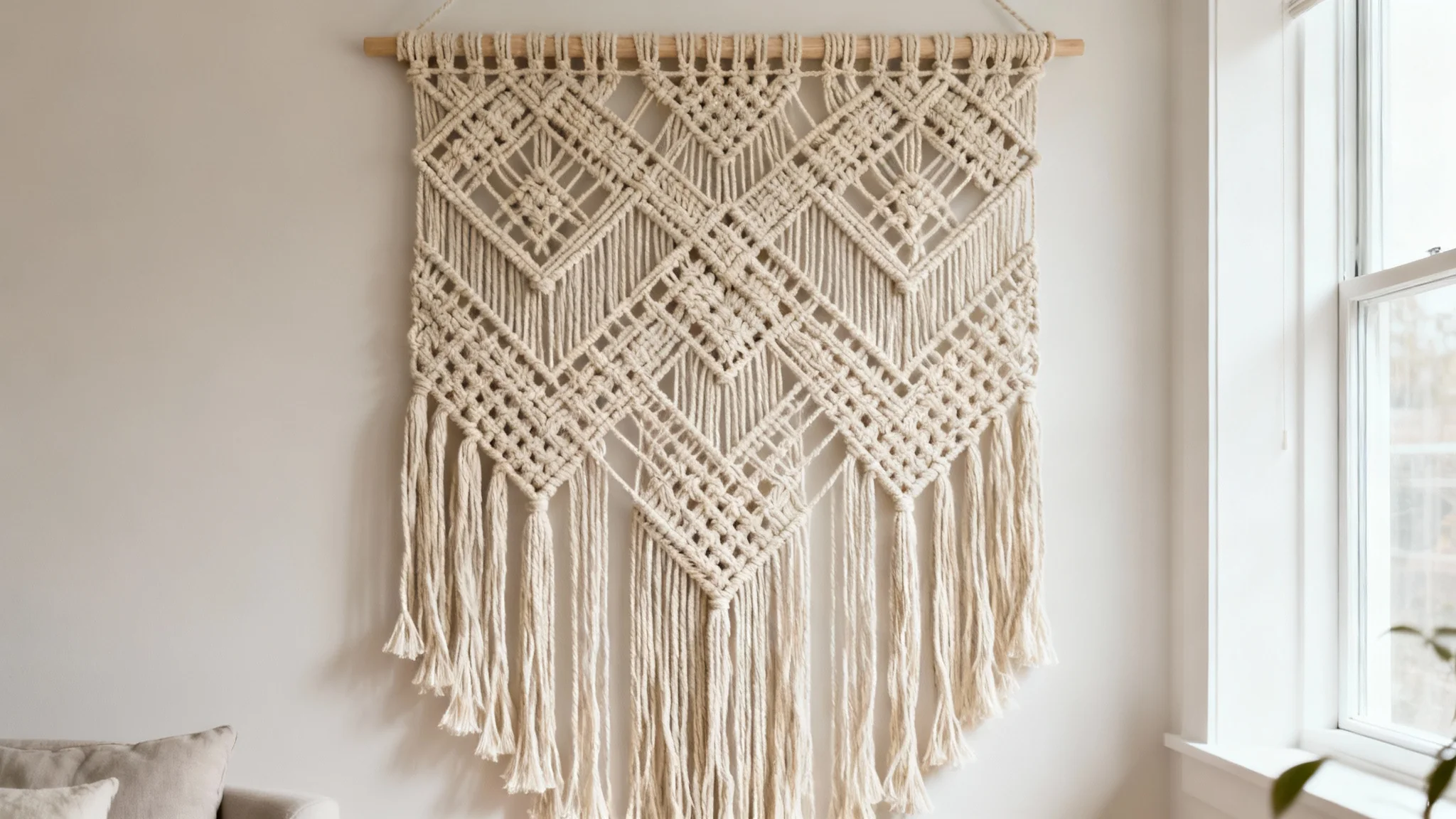 A large, beautifully crafted macrame wall hanging with intricate patterns, displayed on a clean wall in a modern home, representing the final result of following a digital macrame pattern.