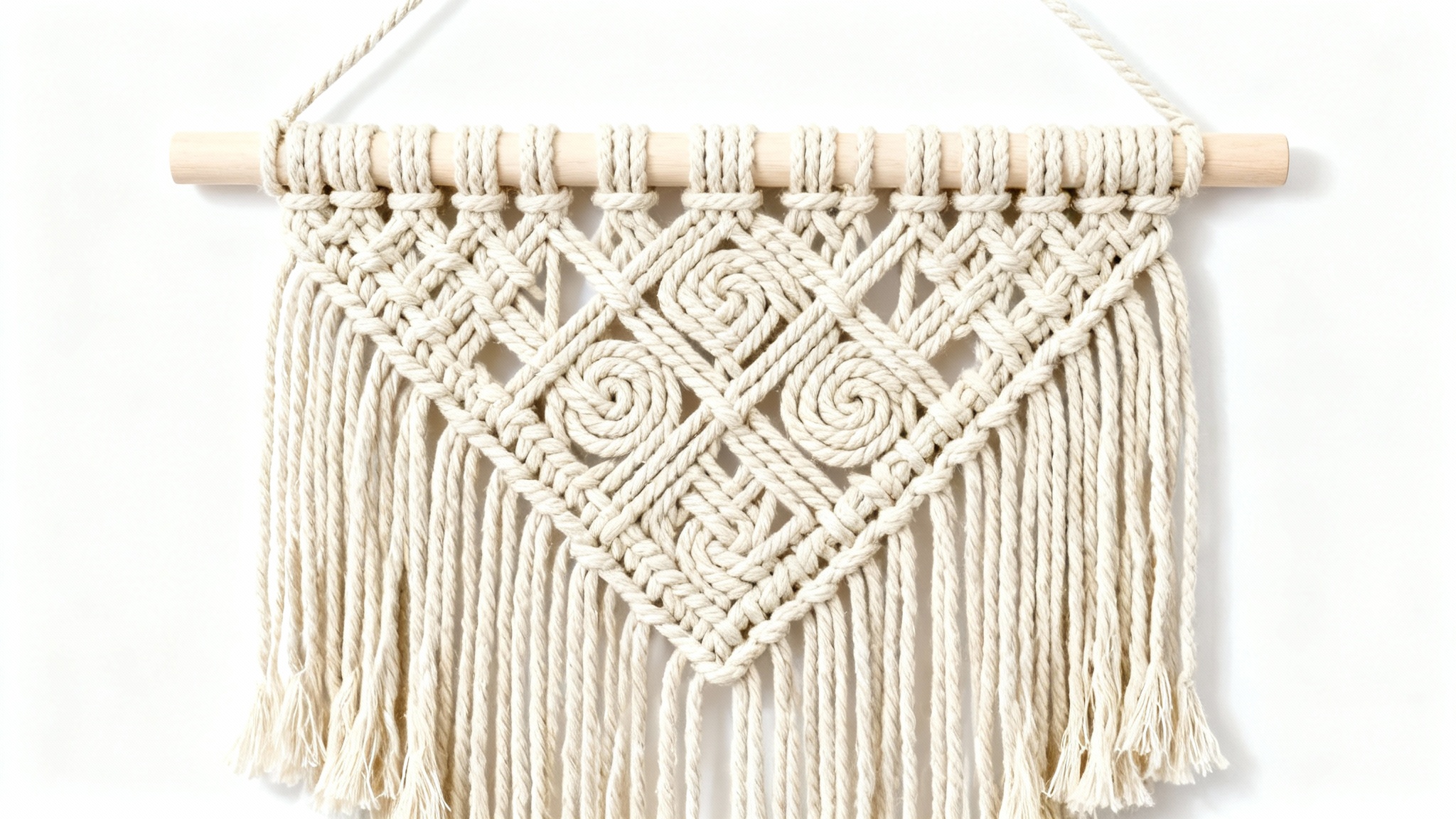A detailed studio photograph of an intricate off-white macrame wall hanging with various knot patterns and tassels, presented against a solid white background.
