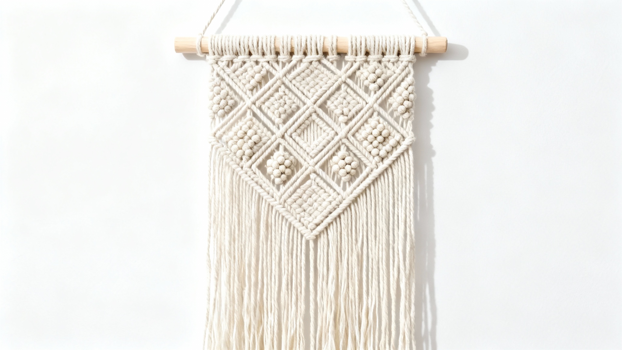 An elegant and intricate macrame wall hanging made from natural cotton rope, featuring complex geometric knot patterns and a long fringe, shot against a plain white background.