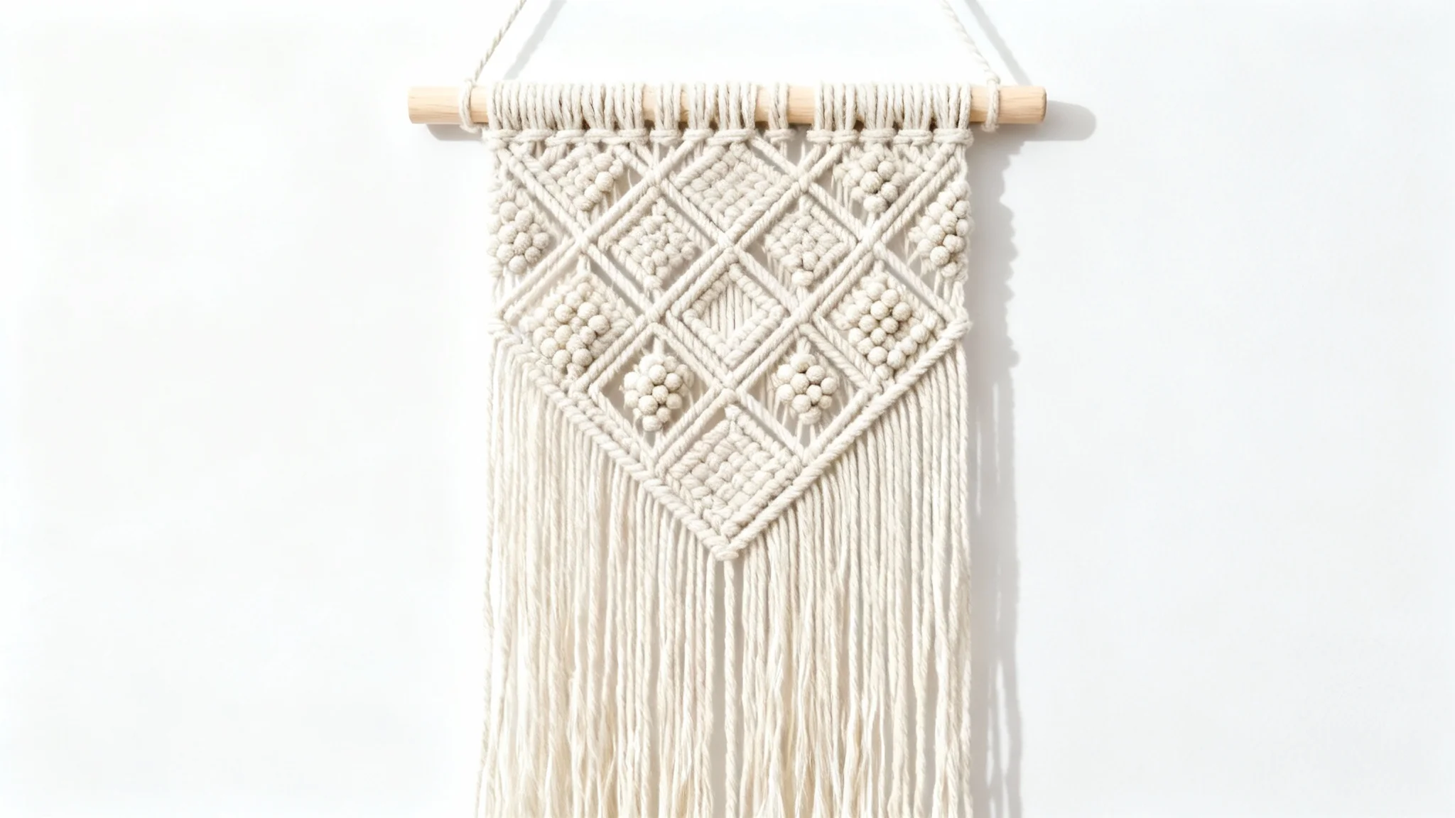An elegant and intricate macrame wall hanging made from natural cotton rope, featuring complex geometric knot patterns and a long fringe, shot against a plain white background.