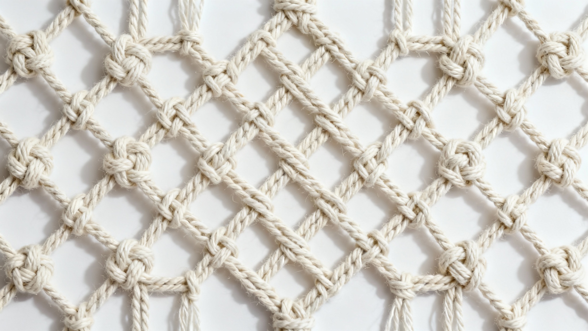 A detailed close-up shot of a complex macrame pattern, showcasing the texture of the off-white cotton rope and intricate knotwork against a plain white background.