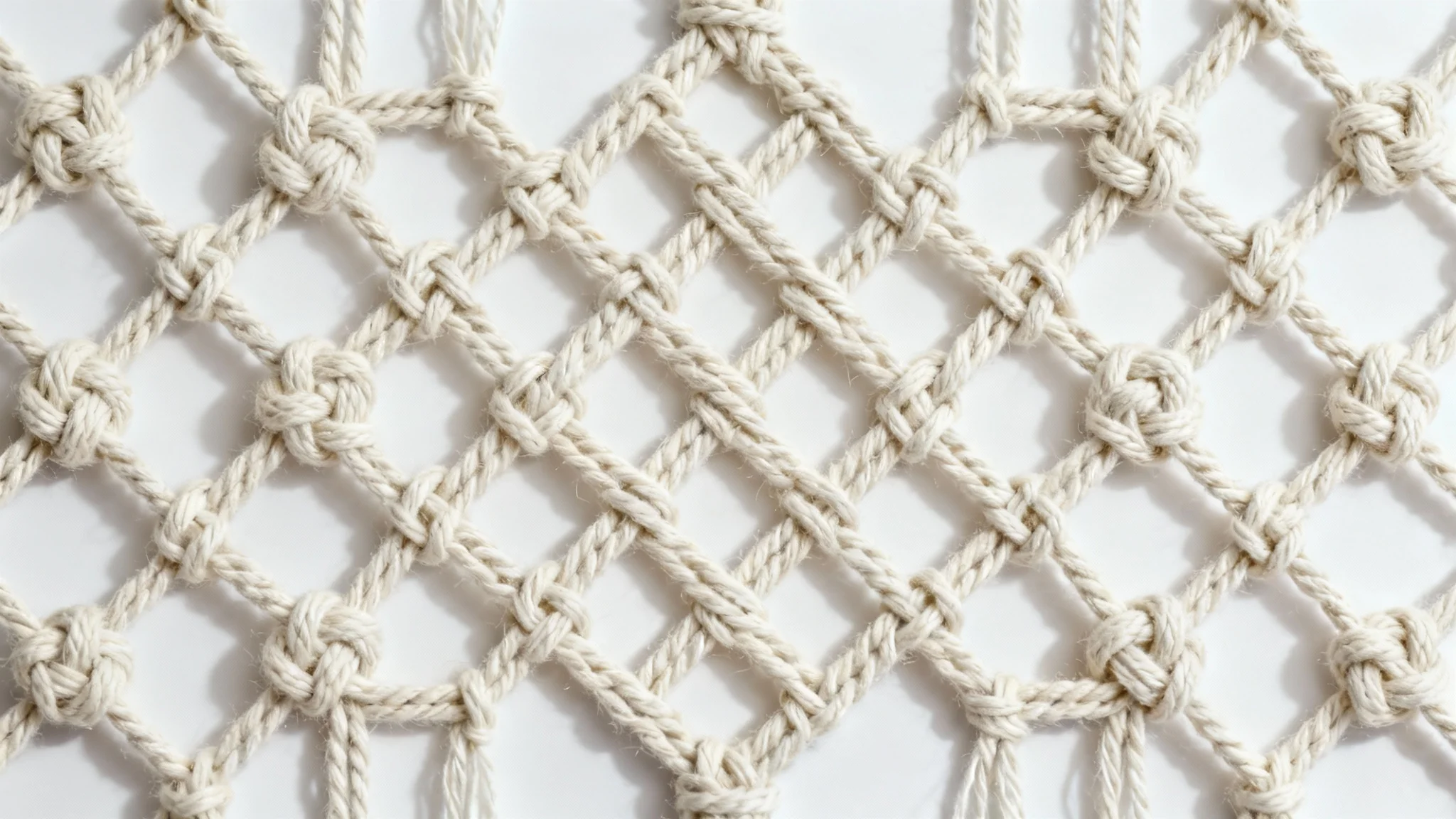 A detailed close-up shot of a complex macrame pattern, showcasing the texture of the off-white cotton rope and intricate knotwork against a plain white background.