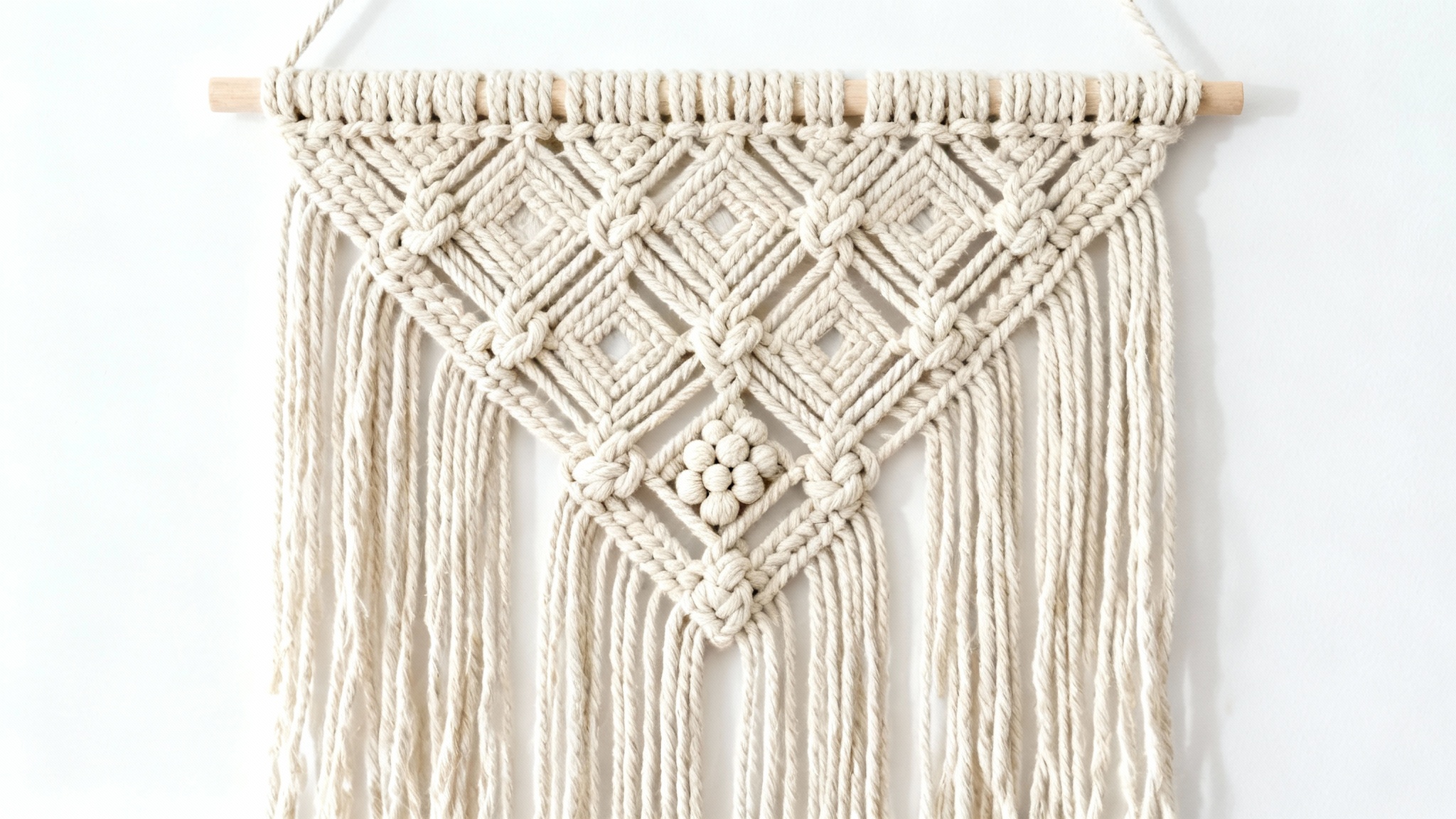 A detailed photograph of a complex macrame wall hanging with intricate geometric patterns and long tassels, displayed against a solid white background.