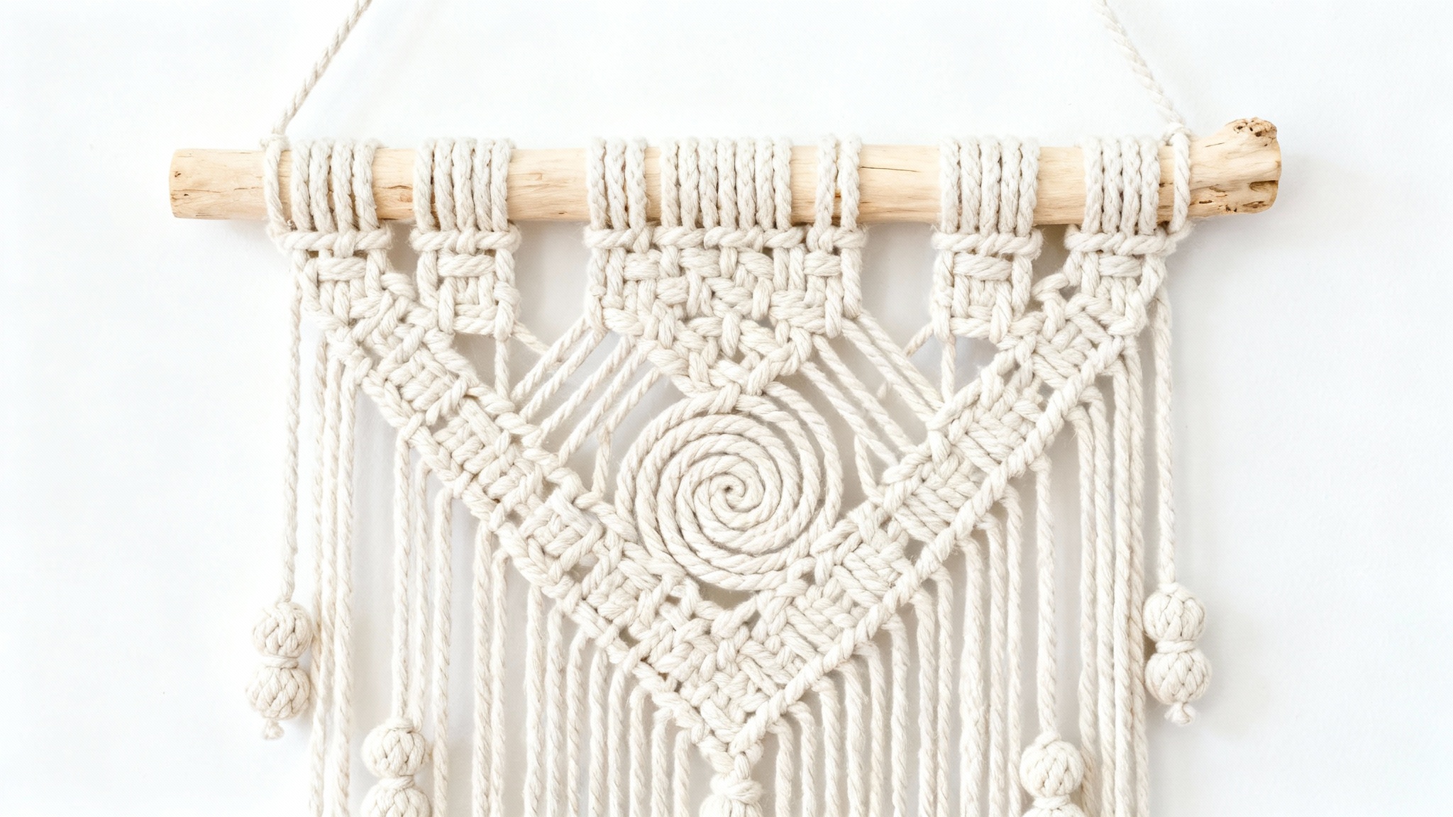 A close-up photograph of a beautifully crafted macrame wall hanging, made from natural cotton rope and suspended from a piece of driftwood, set against a plain white background.