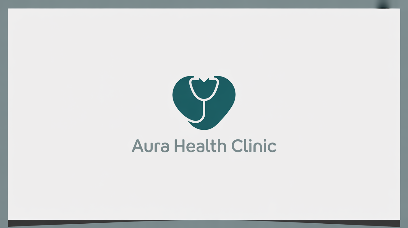 A modern doctor logo for 'AURA HEALTH CLINIC', featuring a minimalist icon that blends a stethoscope and a heart, presented on a white background.