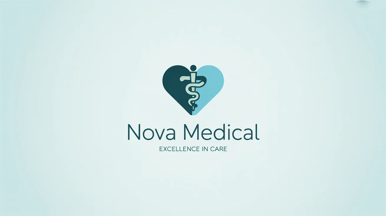 A modern, minimalist logo for a medical practice named 'Nova Medical'. The logo features a teal and blue abstract icon combining a heart and the Rod of Asclepius, on a clean white background.