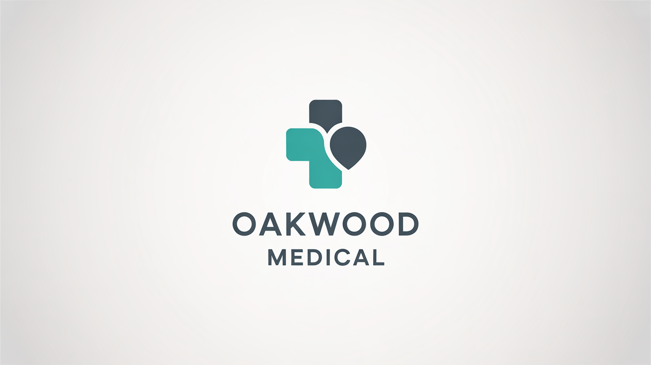 A modern, professional logo for a doctor's clinic named 'Oakwood Medical', featuring a stylized teal cross and heart icon on a white background.