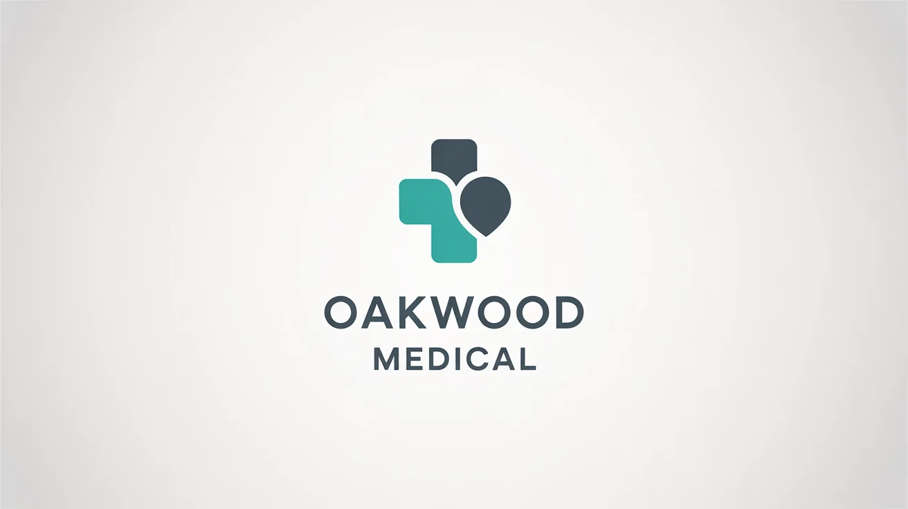 A modern, professional logo for a doctor's clinic named 'Oakwood Medical', featuring a stylized teal cross and heart icon on a white background.