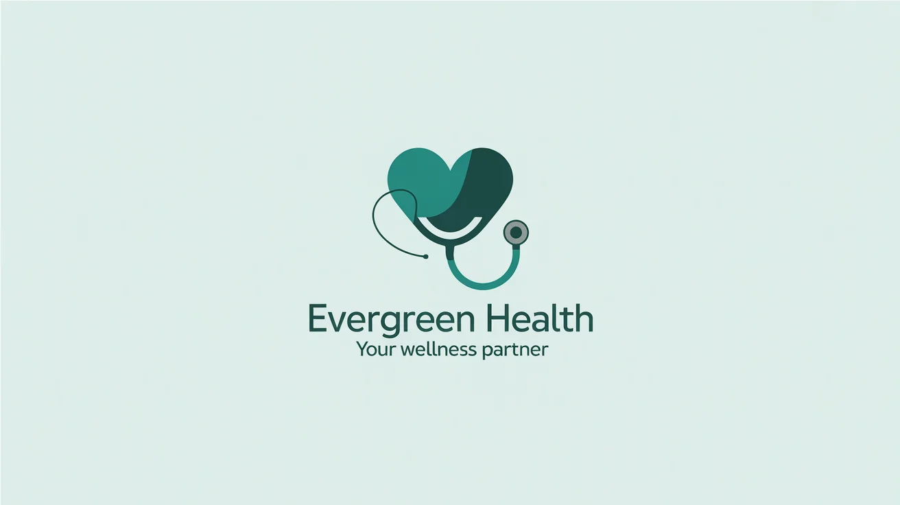 A modern doctor logo for 'Evergreen Health' featuring a stylized icon of a heart and a stethoscope in teal and gray, on a clean white background.