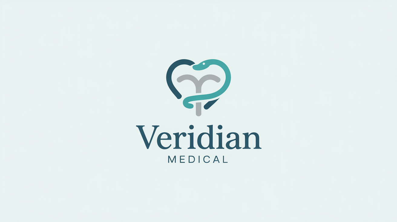 A modern, minimalist doctor logo for 'Veridian Medical', featuring a teal icon combining a heart and the Rod of Asclepius, displayed on a clean white background.
