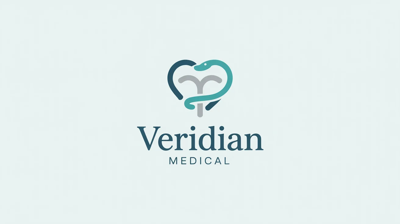 A modern, minimalist doctor logo for 'Veridian Medical', featuring a teal icon combining a heart and the Rod of Asclepius, displayed on a clean white background.