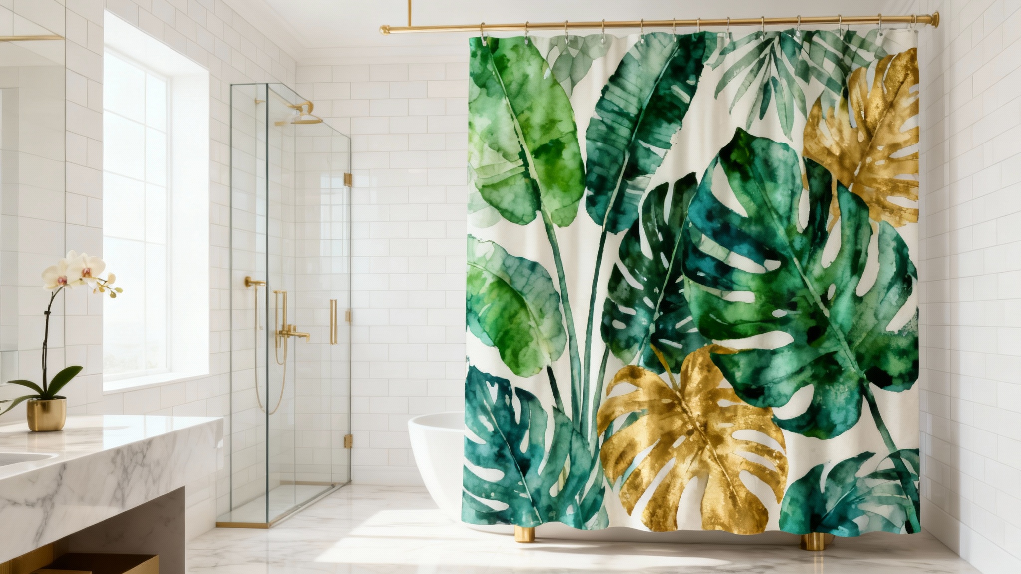 A photorealistic mockup of a shower curtain featuring a beautiful watercolor tropical leaf pattern, hanging in a bright and modern bathroom with gold fixtures.
