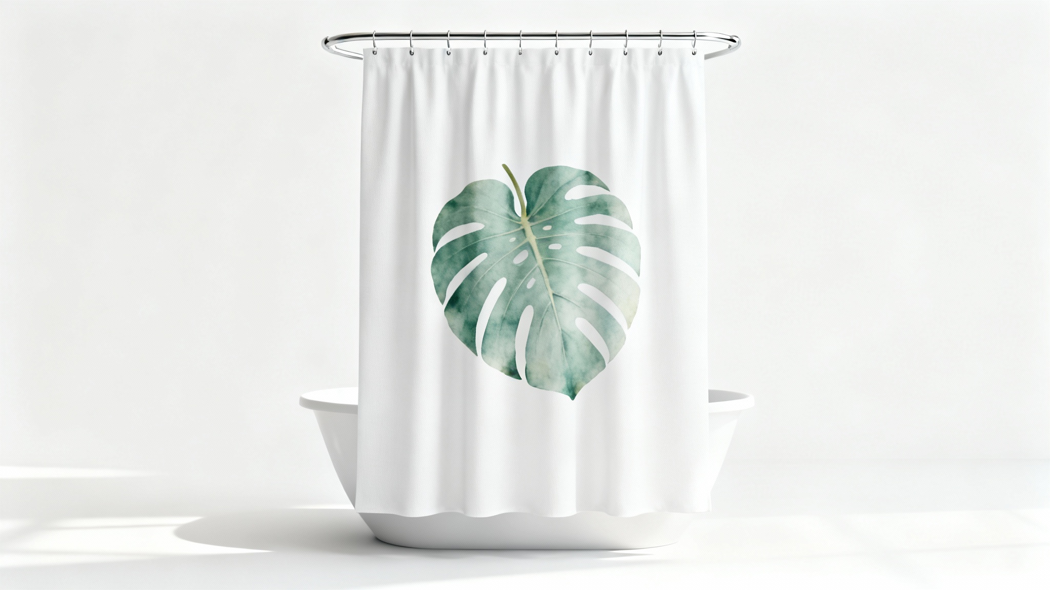 A photorealistic mockup of a white fabric shower curtain featuring a large, single sage green monstera leaf design, hanging in a bright, minimalist white bathroom.