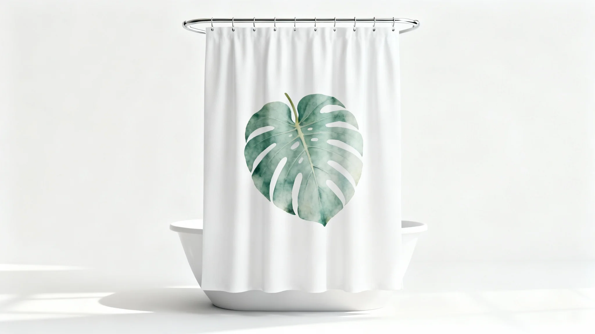 A photorealistic mockup of a white fabric shower curtain featuring a large, single sage green monstera leaf design, hanging in a bright, minimalist white bathroom.