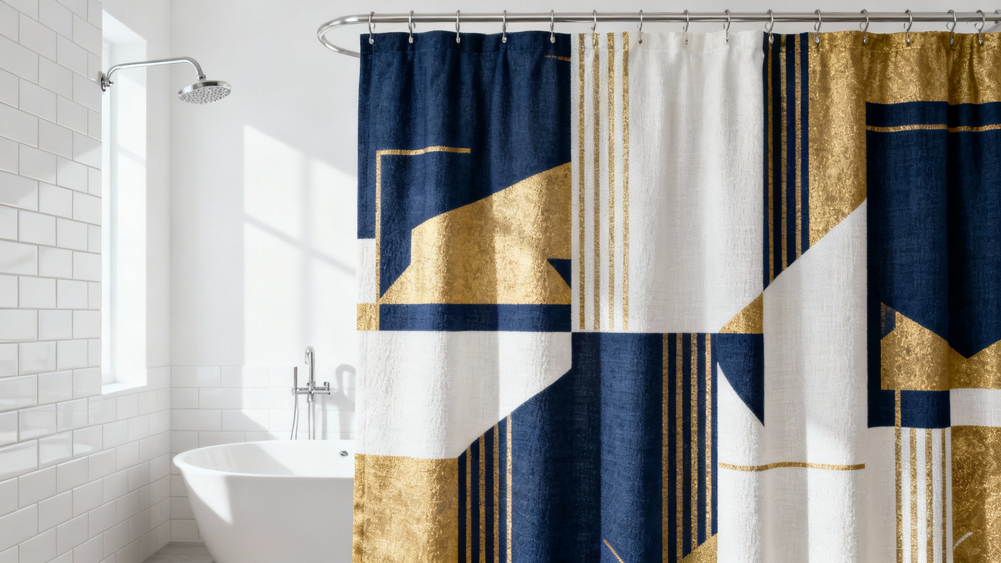 A photorealistic mockup of a shower curtain with a modern navy blue, gold, and white geometric pattern hanging in a bright, minimalist bathroom with white tiles.