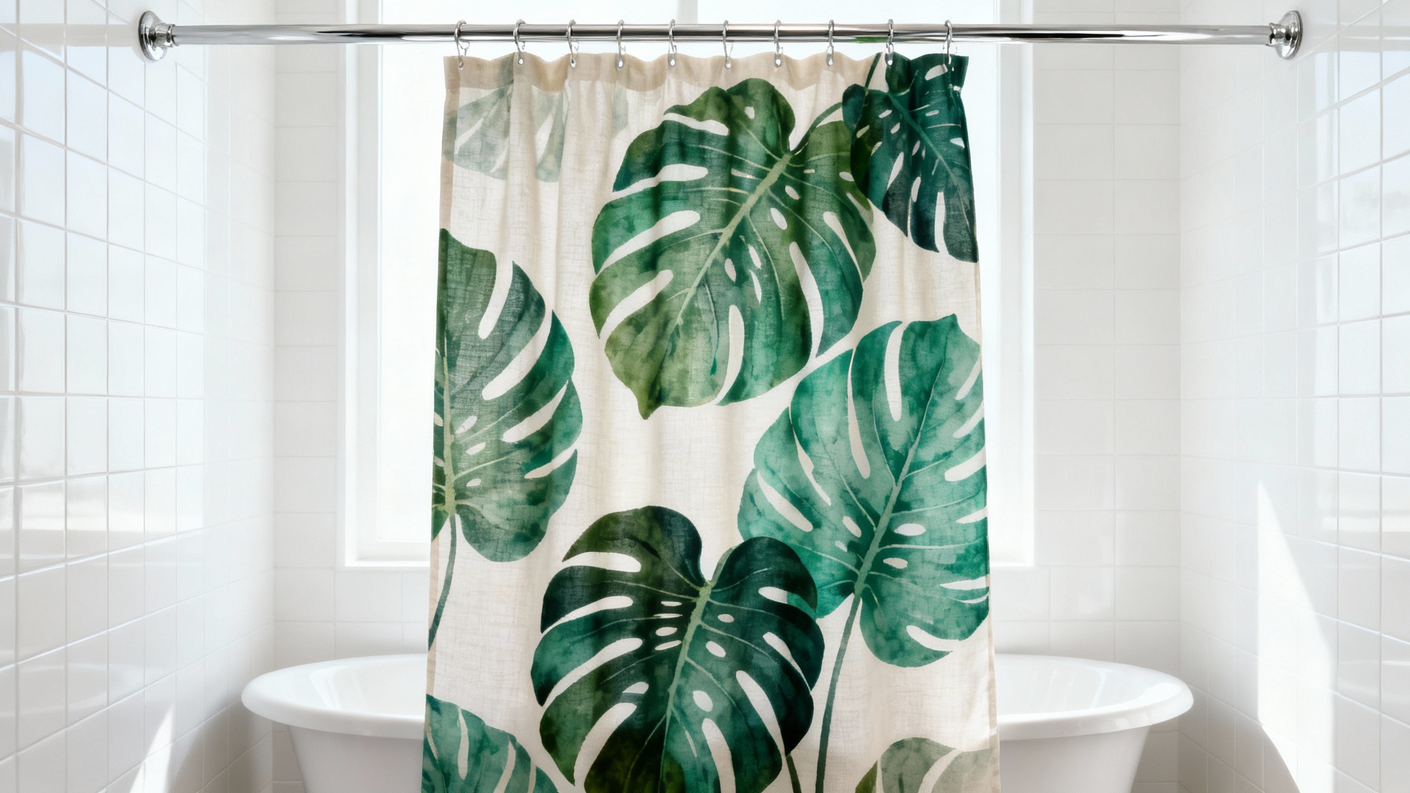 A photorealistic mockup of a shower curtain with a green monstera leaf pattern hanging in a modern, white-tiled bathroom.