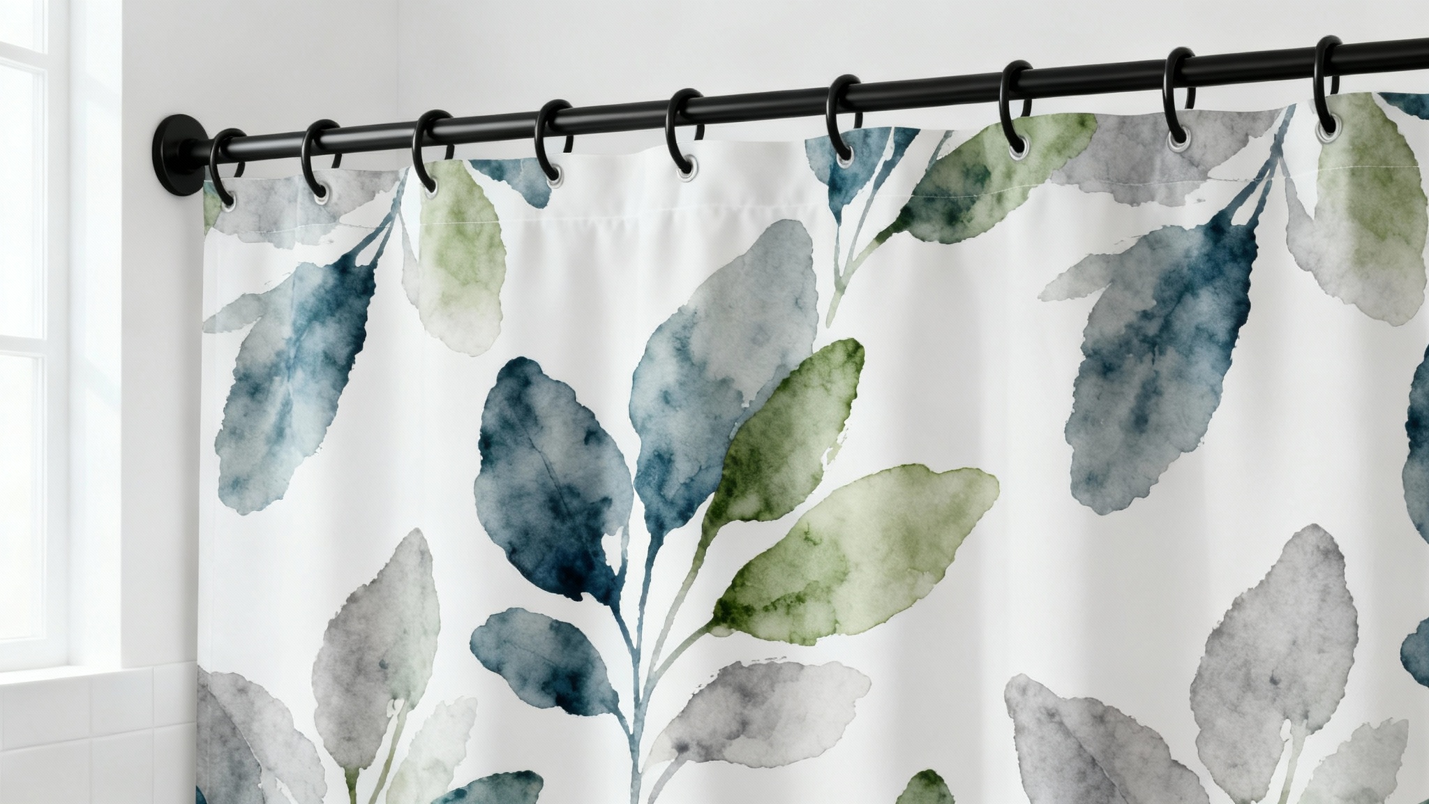 A photorealistic mockup of a shower curtain with an elegant blue and green botanical pattern, hanging in a bright and modern bathroom against a clean white background.