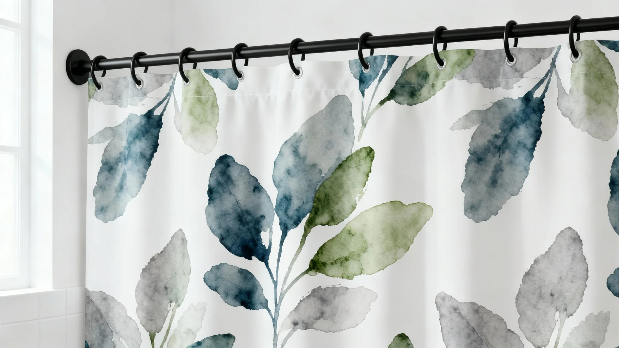 A photorealistic mockup of a shower curtain with an elegant blue and green botanical pattern, hanging in a bright and modern bathroom against a clean white background.