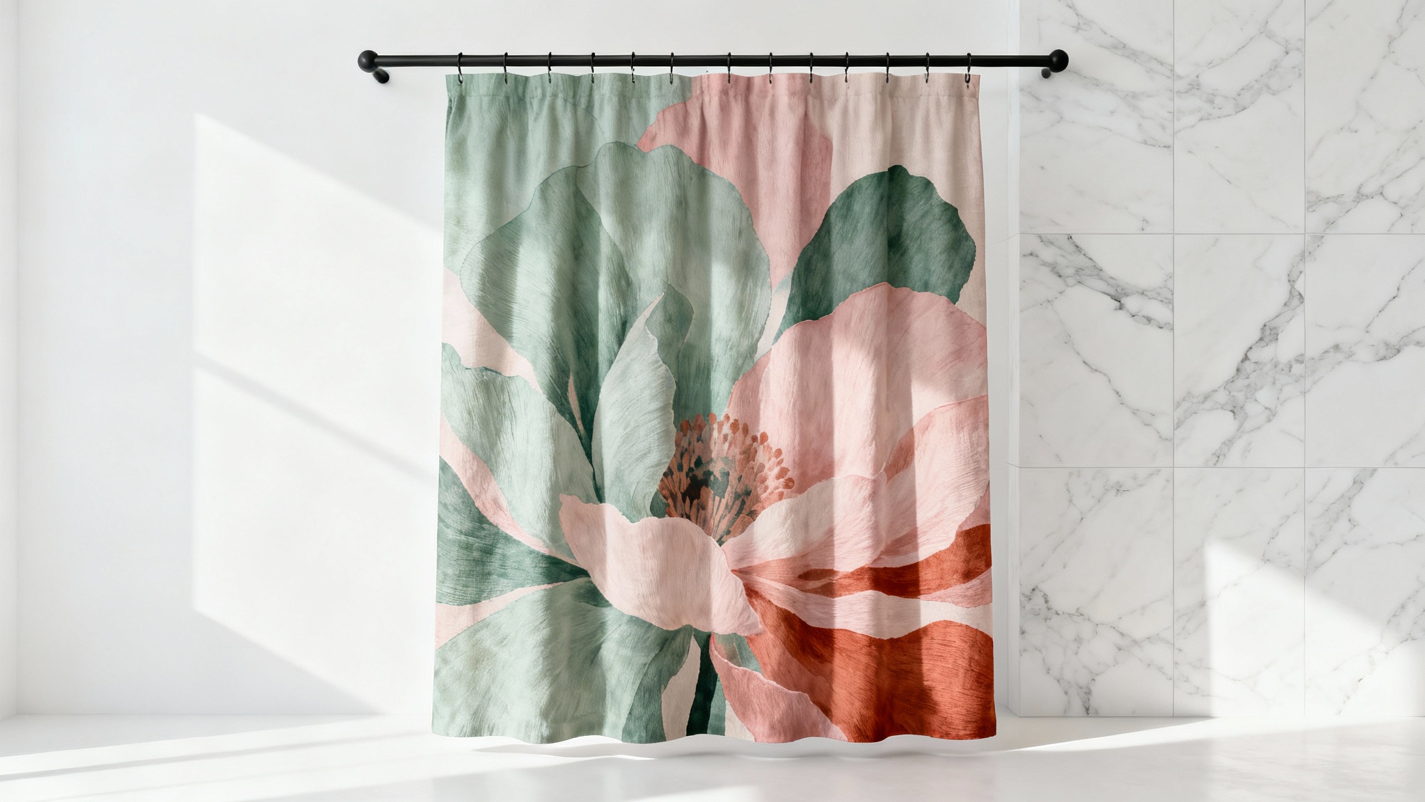 A photorealistic mockup of a modern shower curtain with an abstract floral design in sage green and blush pink, hanging in a bright, minimalist bathroom with white marble tiles.