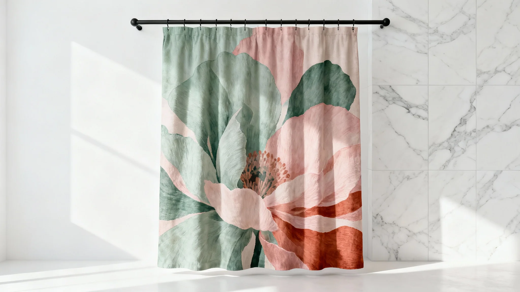 A photorealistic mockup of a modern shower curtain with an abstract floral design in sage green and blush pink, hanging in a bright, minimalist bathroom with white marble tiles.