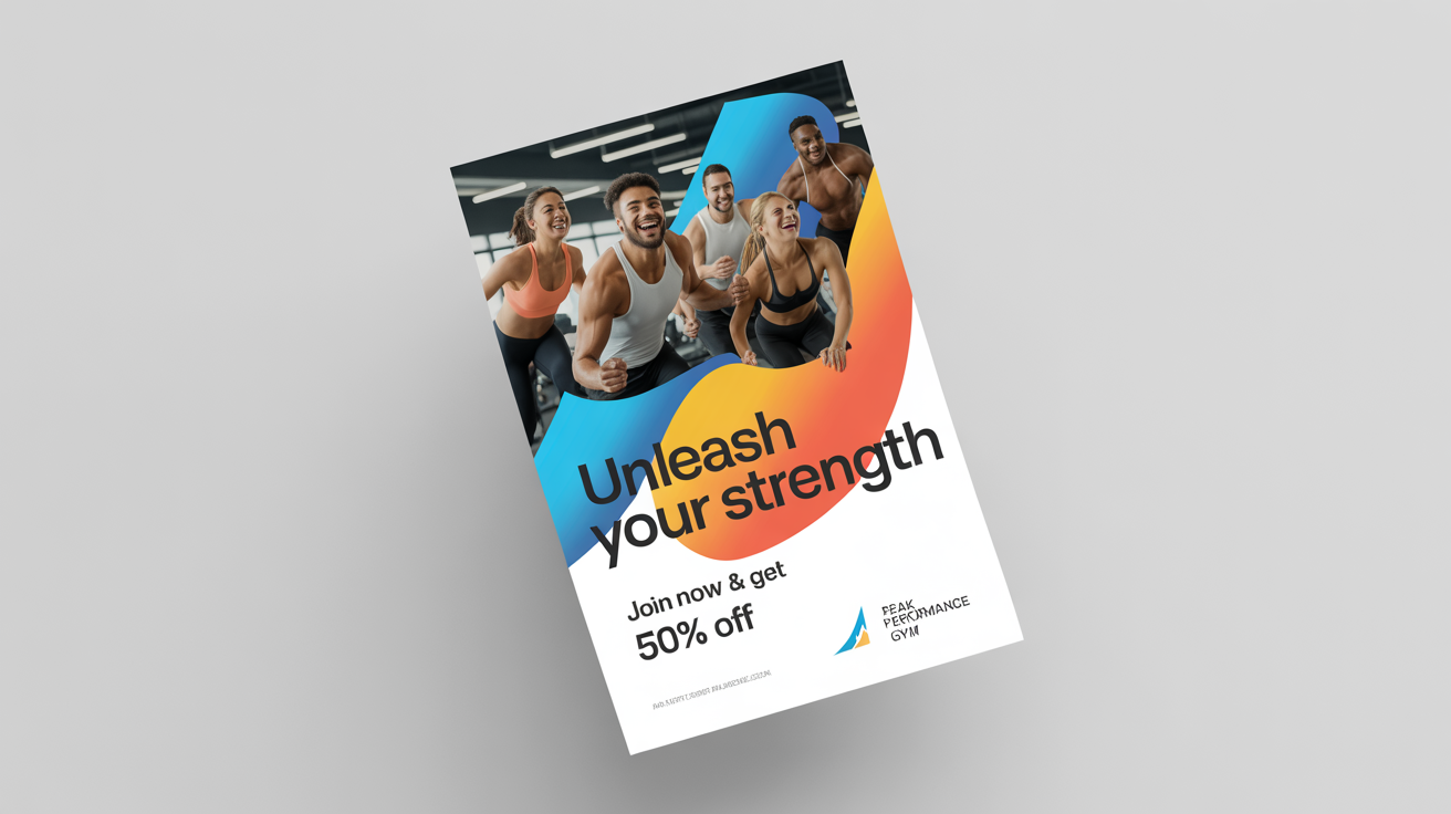 A professionally designed gym flyer with a modern, energetic layout, featuring a photo of diverse people exercising and bold text that reads 'UNLEASH YOUR STRENGTH' and 'JOIN NOW & GET 50% OFF'.