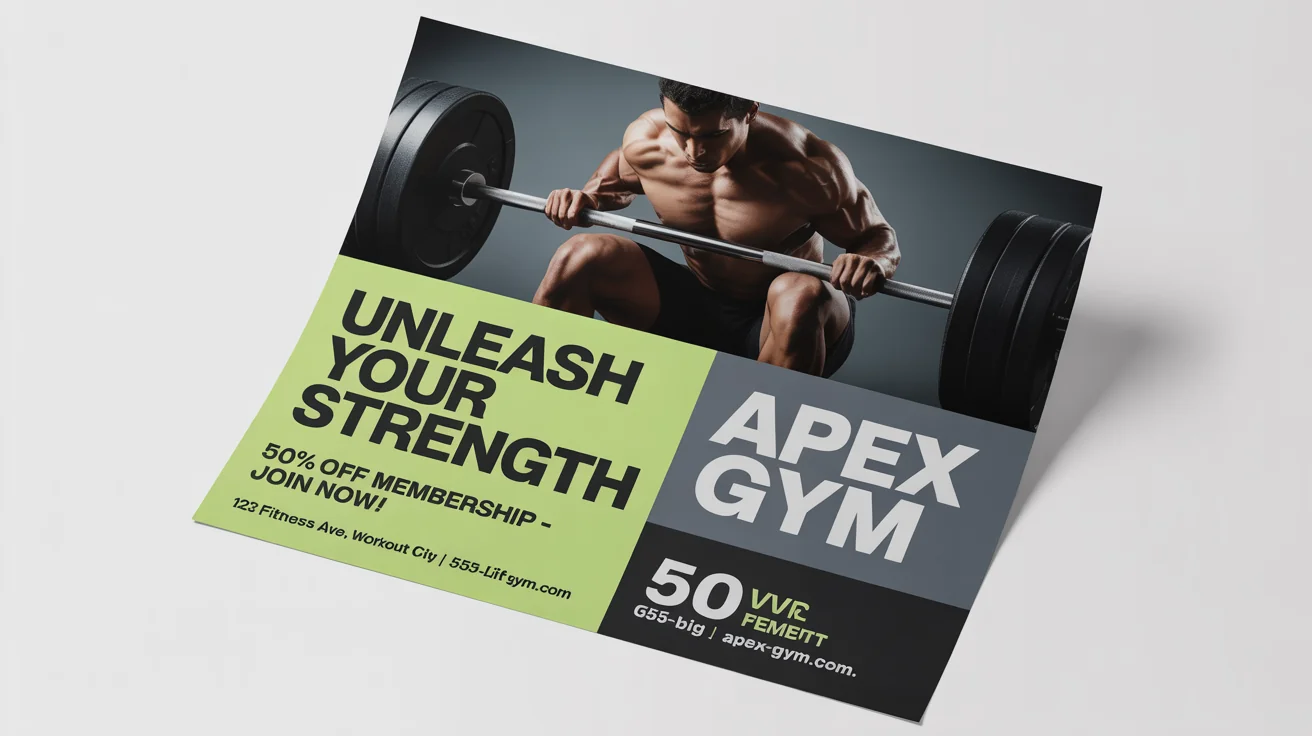 A professional mockup of a modern gym flyer for 'APEX GYM', featuring a person lifting weights and offering a 50% discount on membership. The flyer has a bold black and neon green design and is set against a white background.