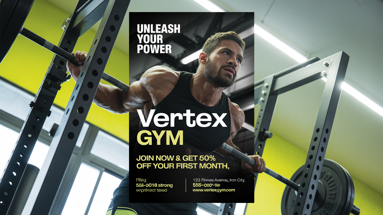 A mockup of a modern and energetic gym flyer for 'VERTEX GYM' on a white background, featuring an athlete and the headline 'UNLEASH YOUR POWER'.