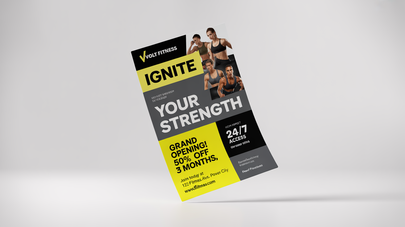 A modern gym flyer mockup for 'VOLT FITNESS' on a white background. The flyer features athletes working out and advertises a 'GRAND OPENING' special with a bold black and yellow design.