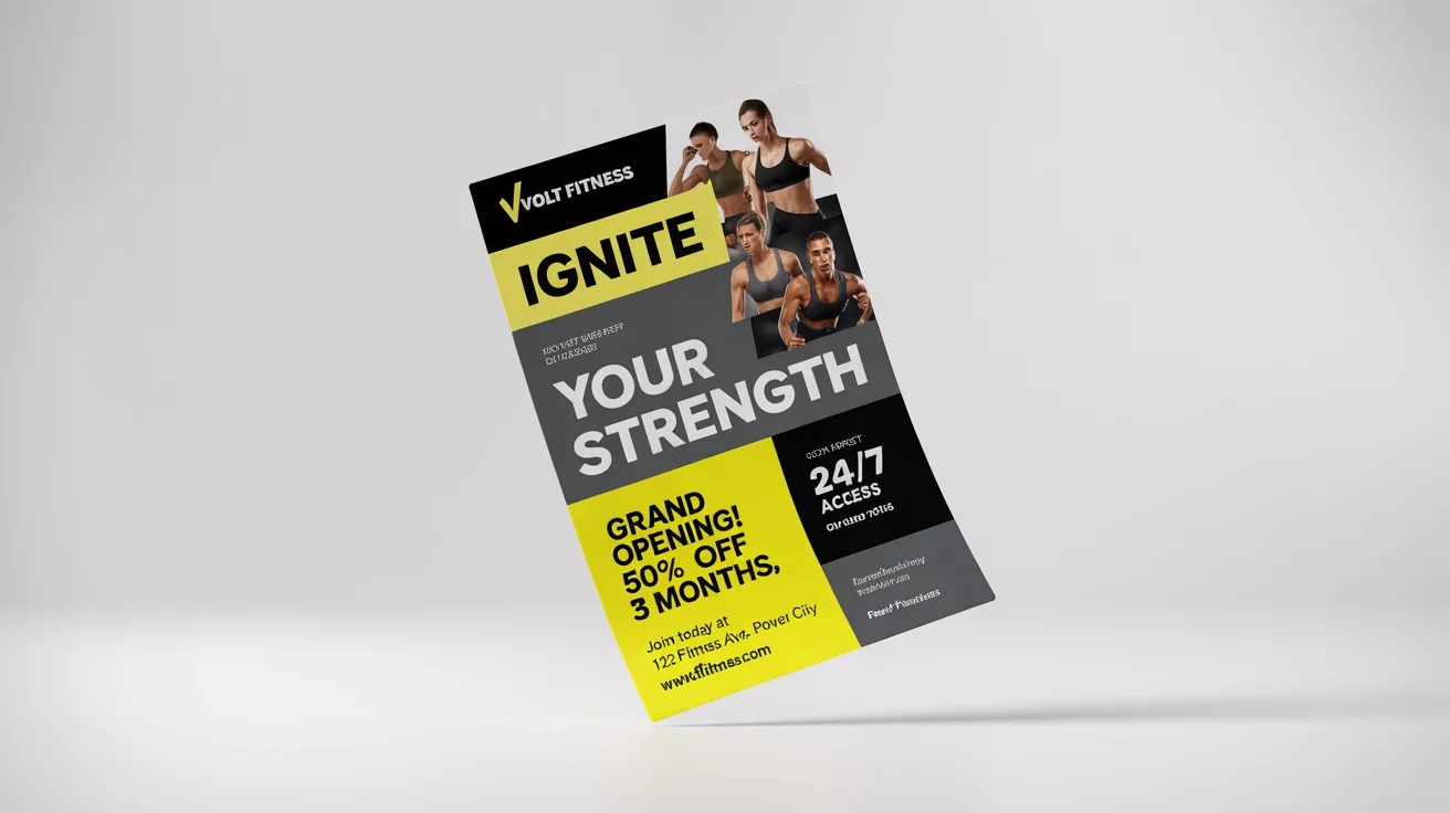 A modern gym flyer mockup for 'VOLT FITNESS' on a white background. The flyer features athletes working out and advertises a 'GRAND OPENING' special with a bold black and yellow design.