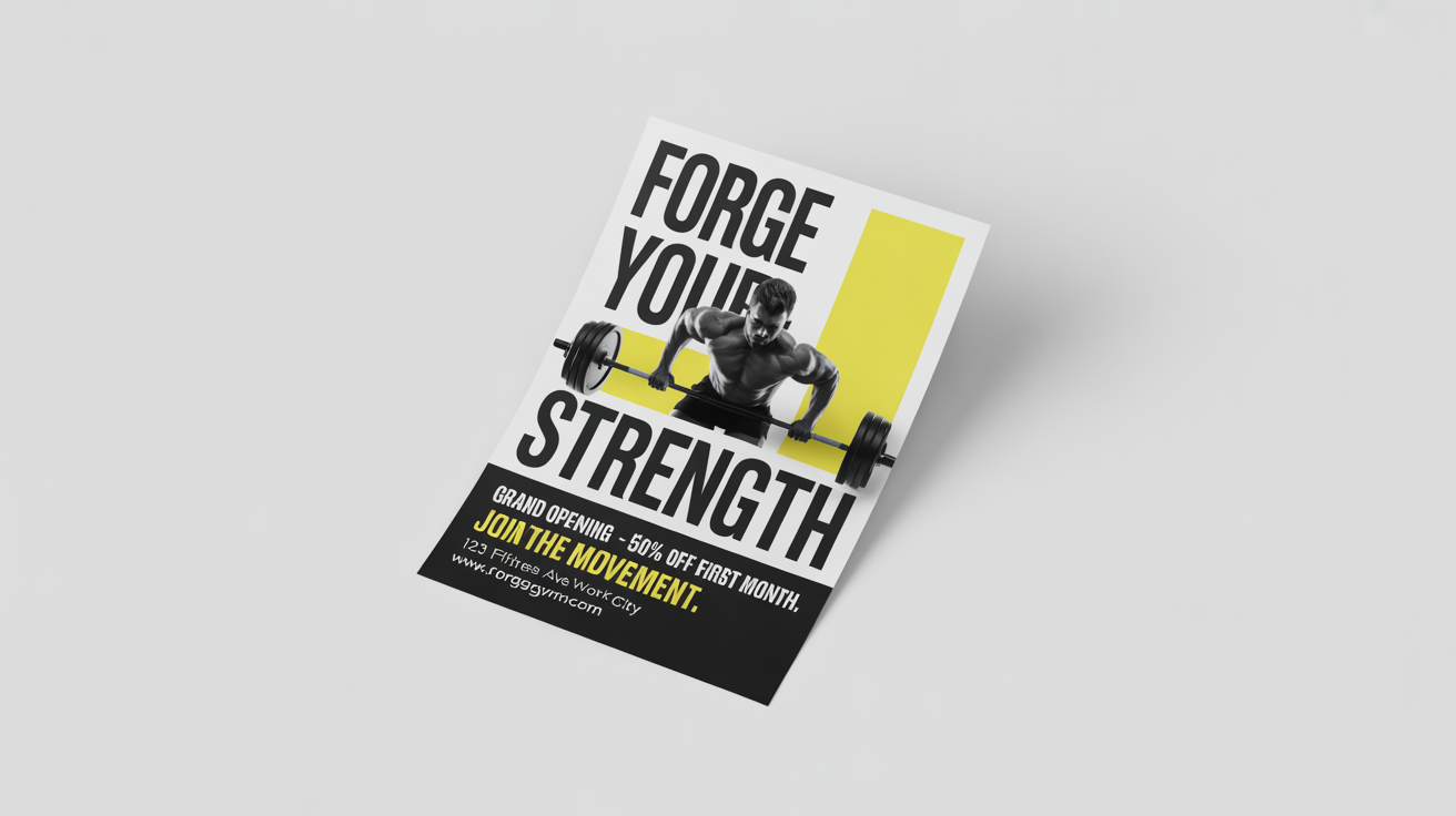 A modern gym flyer mockup with the headline 'Forge Your Strength'. It features an image of an athletic person working out and text advertising a grand opening special.