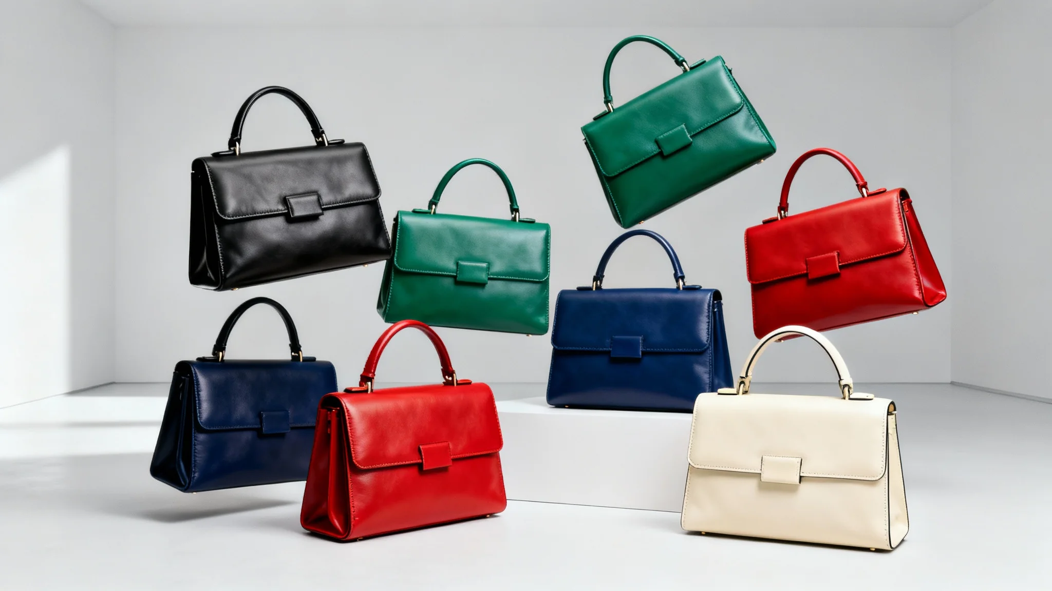A hero image showing the same designer handbag in five different colors—black, green, blue, red, and cream—arranged artfully against a minimalist background, demonstrating a color change feature.