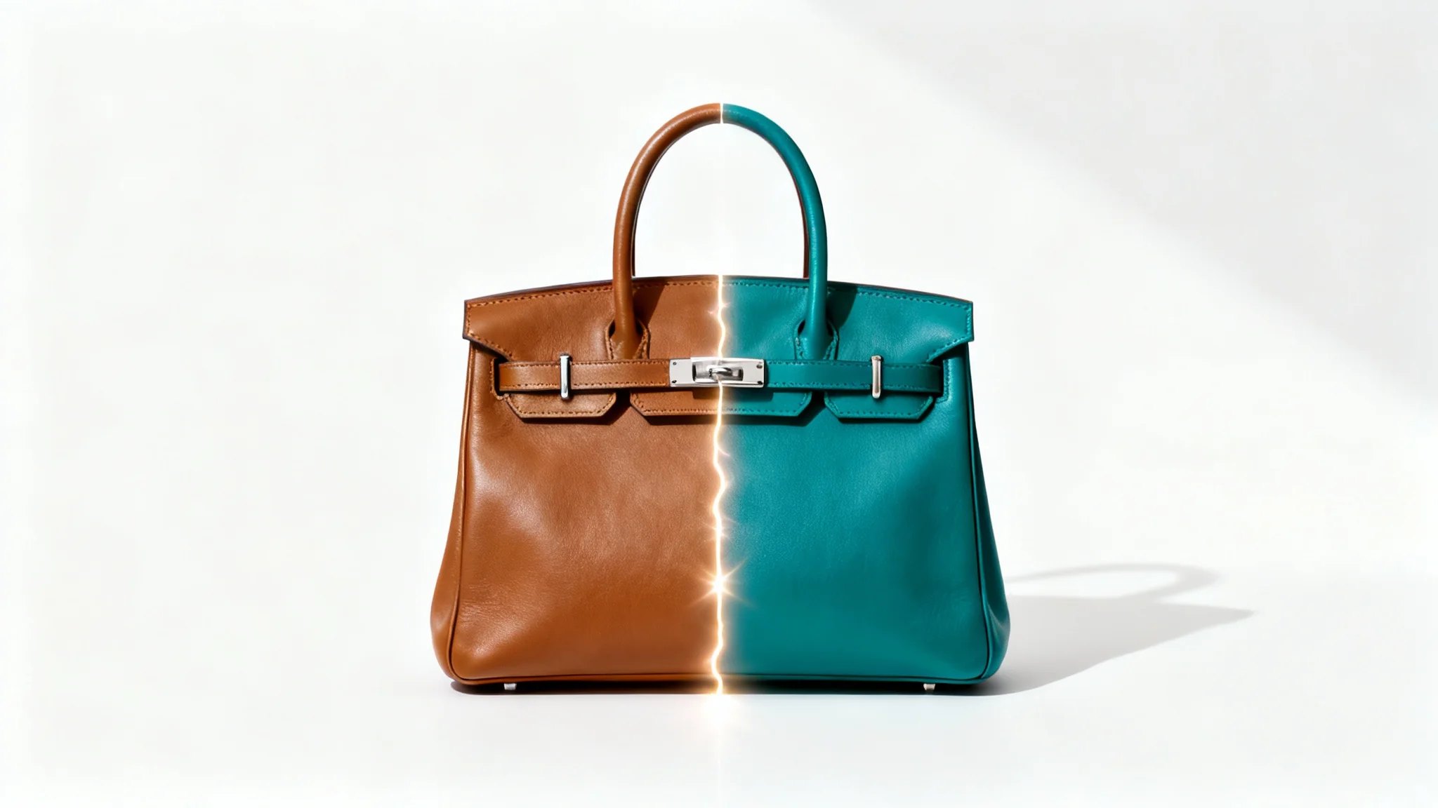 A photorealistic mockup of a single leather handbag changing color, with one side tan and the other side teal, set against a plain white background.